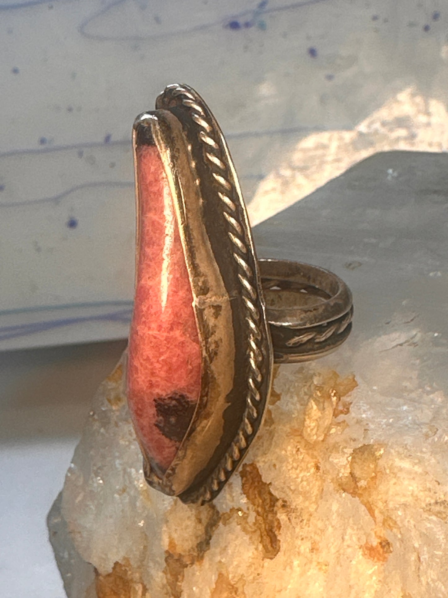 Navajo long ring rhodochrosite size 6.50 sterling silver women
