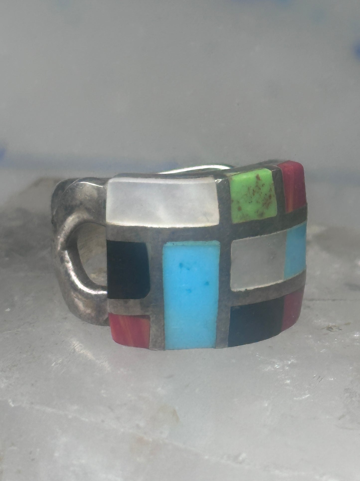 Turquoise inlaid ring size 875 onyx mop band sterling silver women men