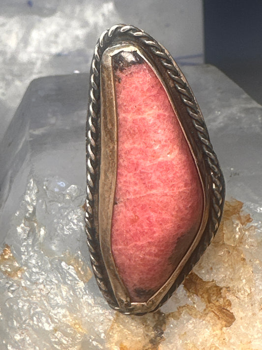 Vintage Navajo Sterling Silver Long Rhodochrosite Statement Ring - Size 6.50