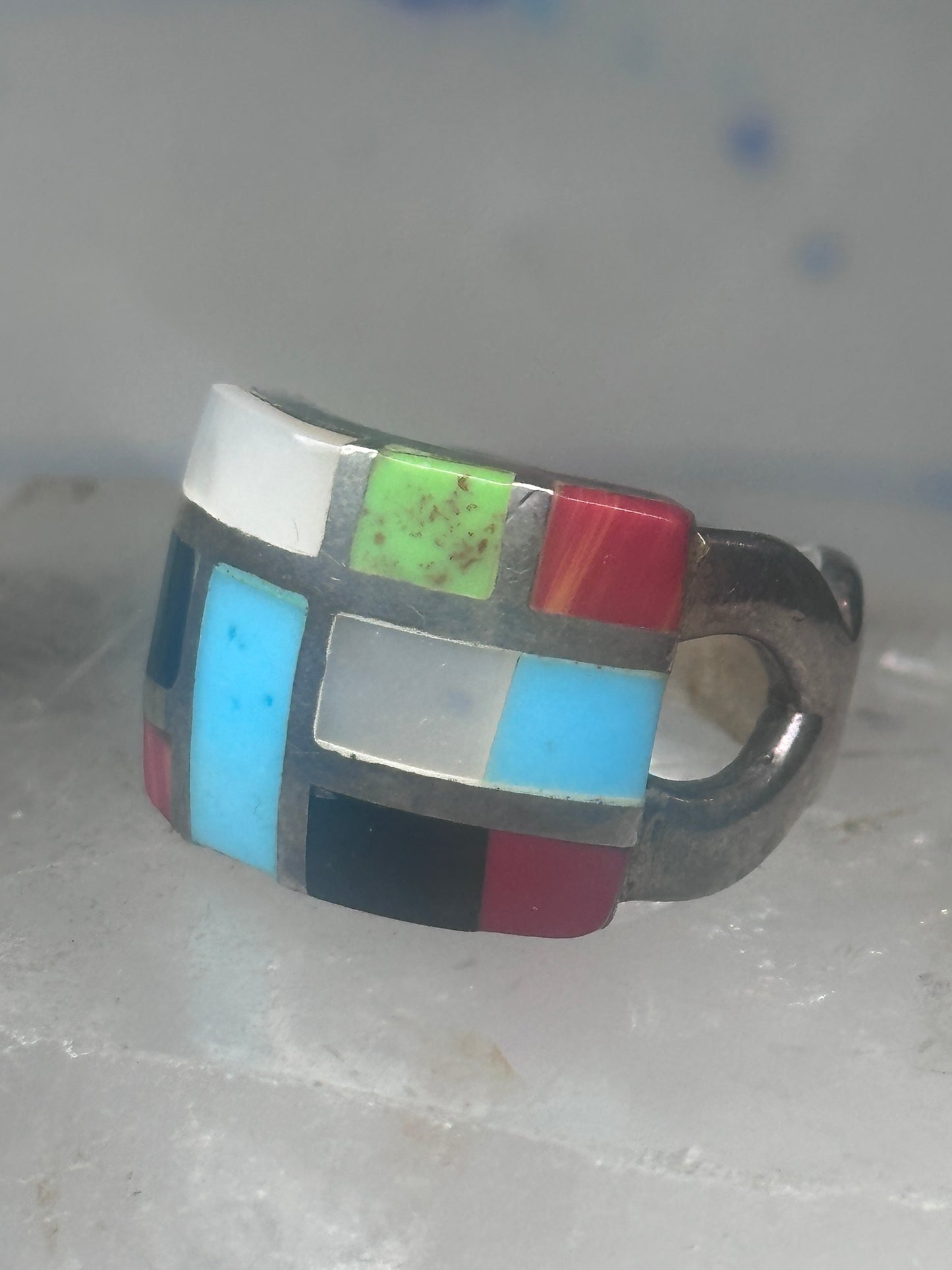 Turquoise inlaid ring size 875 onyx mop band sterling silver women men