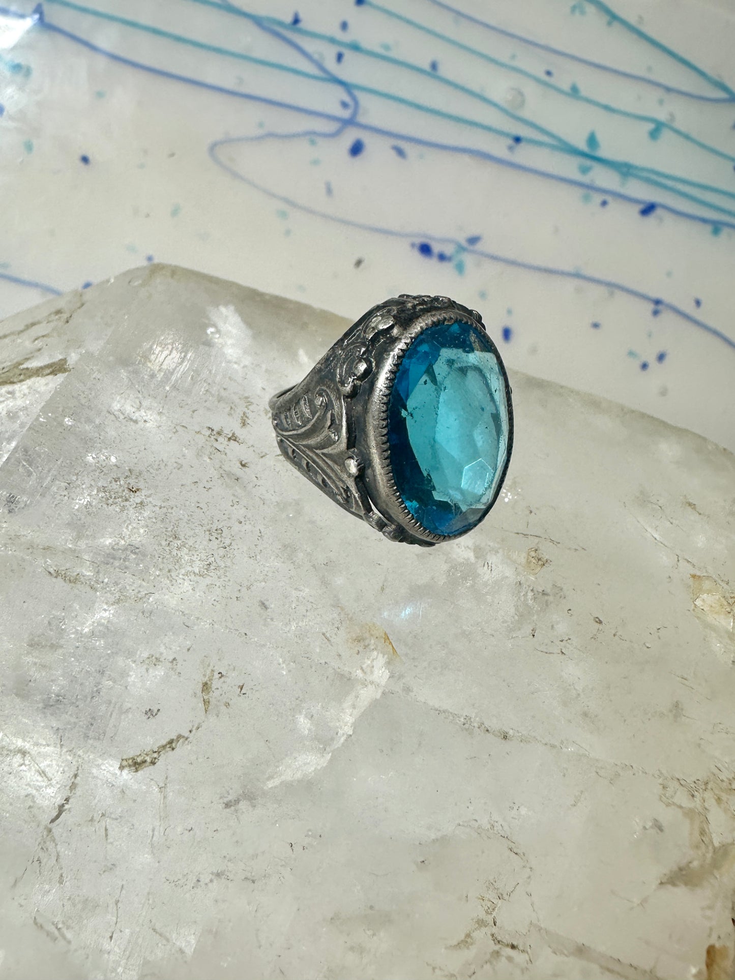 Art Deco Ring size 4.25 Ocean color Blue Glass sterling silver pinky women