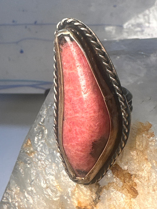 Vintage Navajo Sterling Silver Long Rhodochrosite Statement Ring - Size 6.50