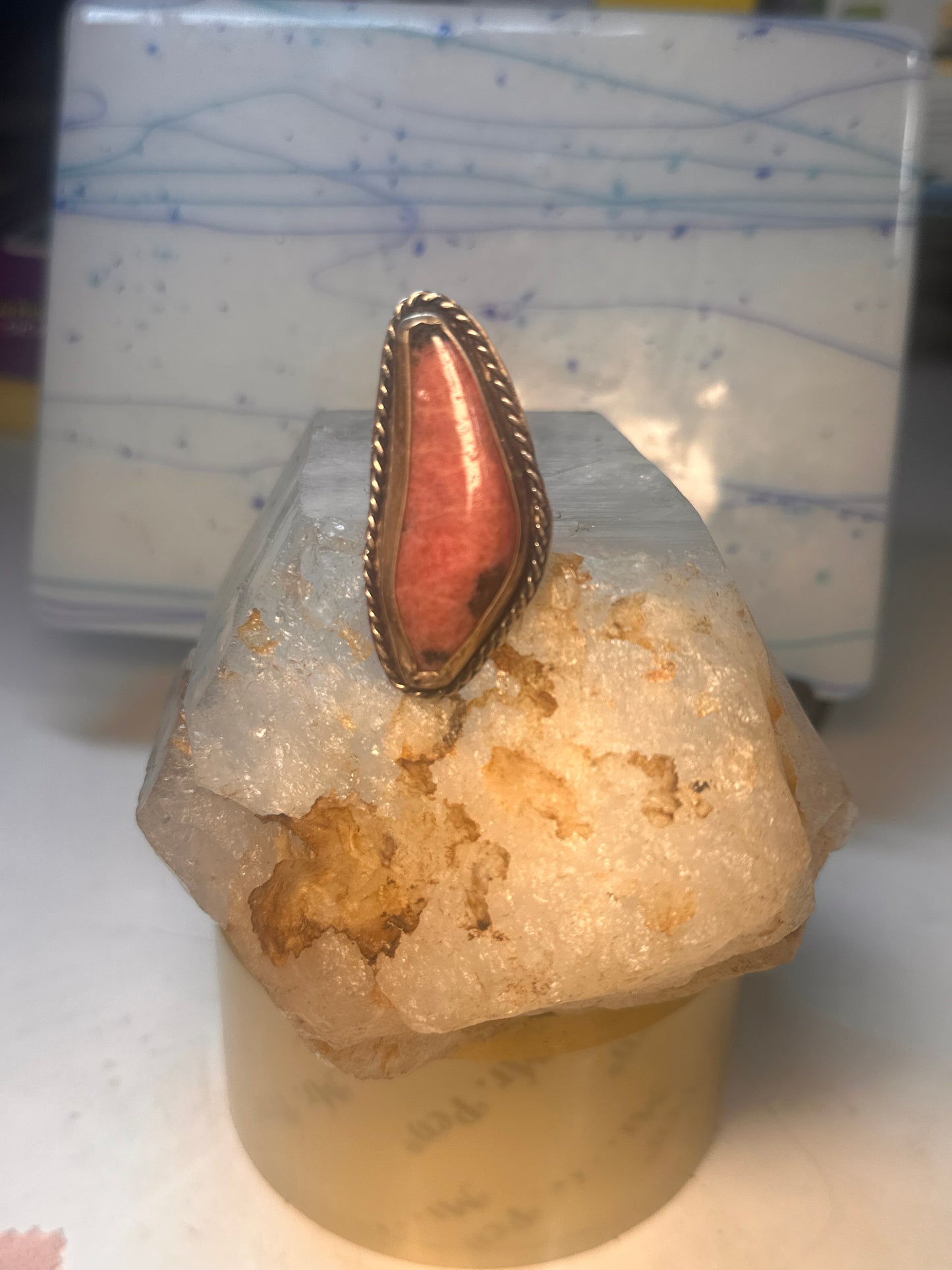 Navajo long ring rhodochrosite size 6.50 sterling silver women