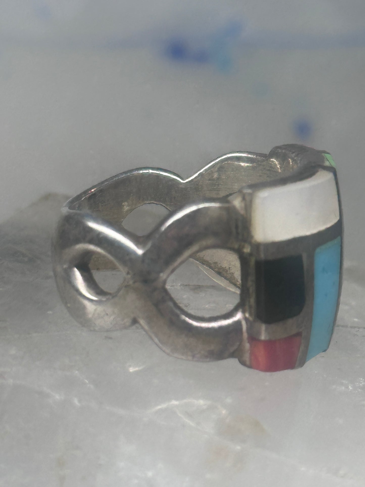Turquoise inlaid ring size 875 onyx mop band sterling silver women men