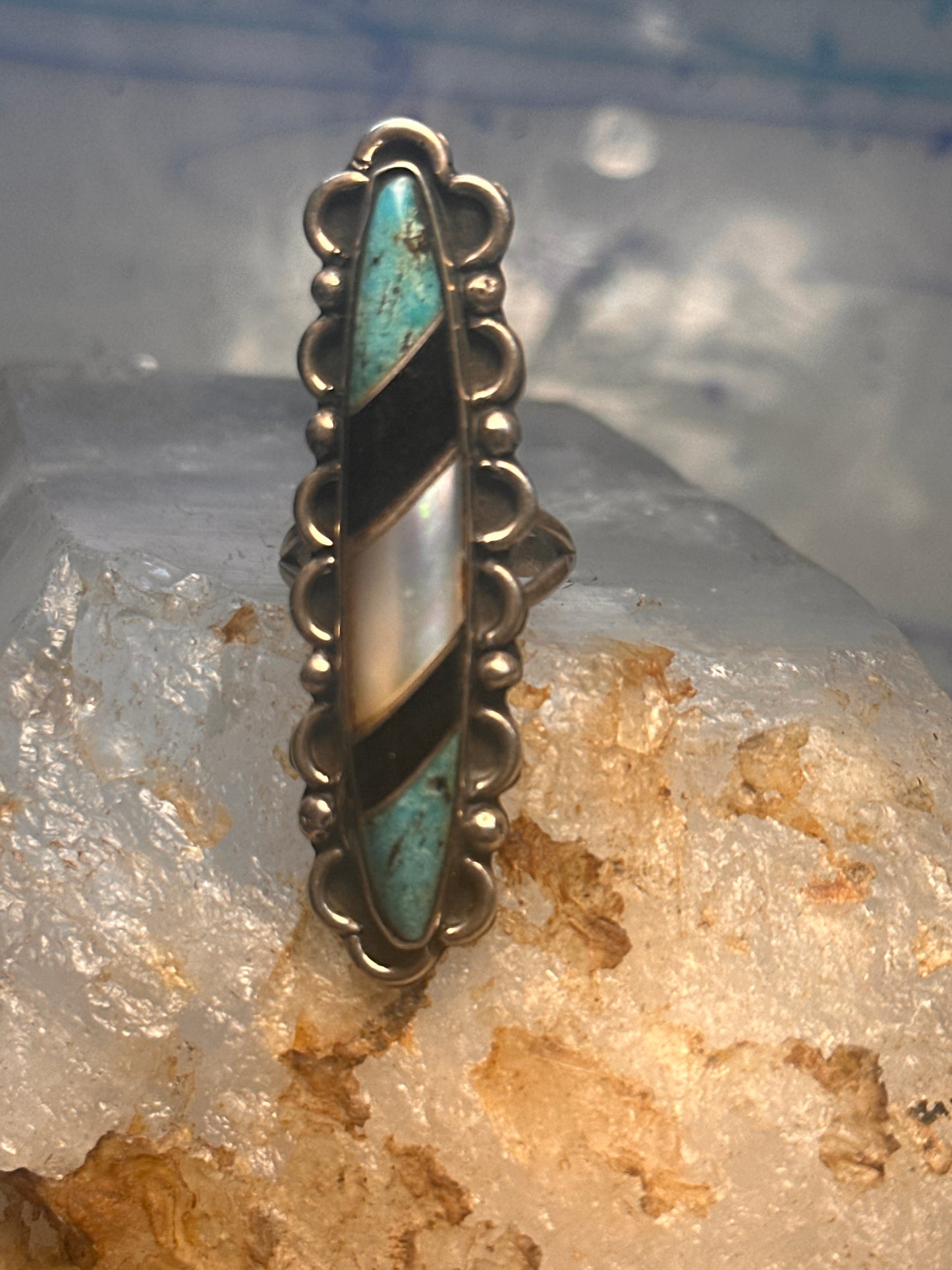 Navajo long ring turquoise onyx mop size 5.75 scalloped sterling silver women