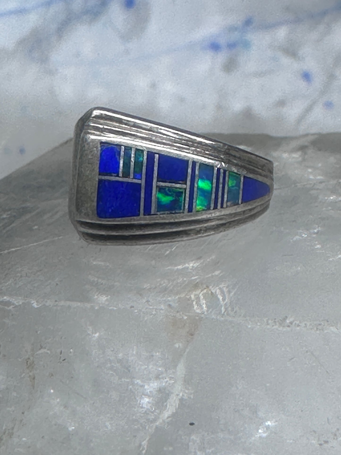 Blue Lapis inlaid ring lab opal band size 6 sterling silver southwestern women