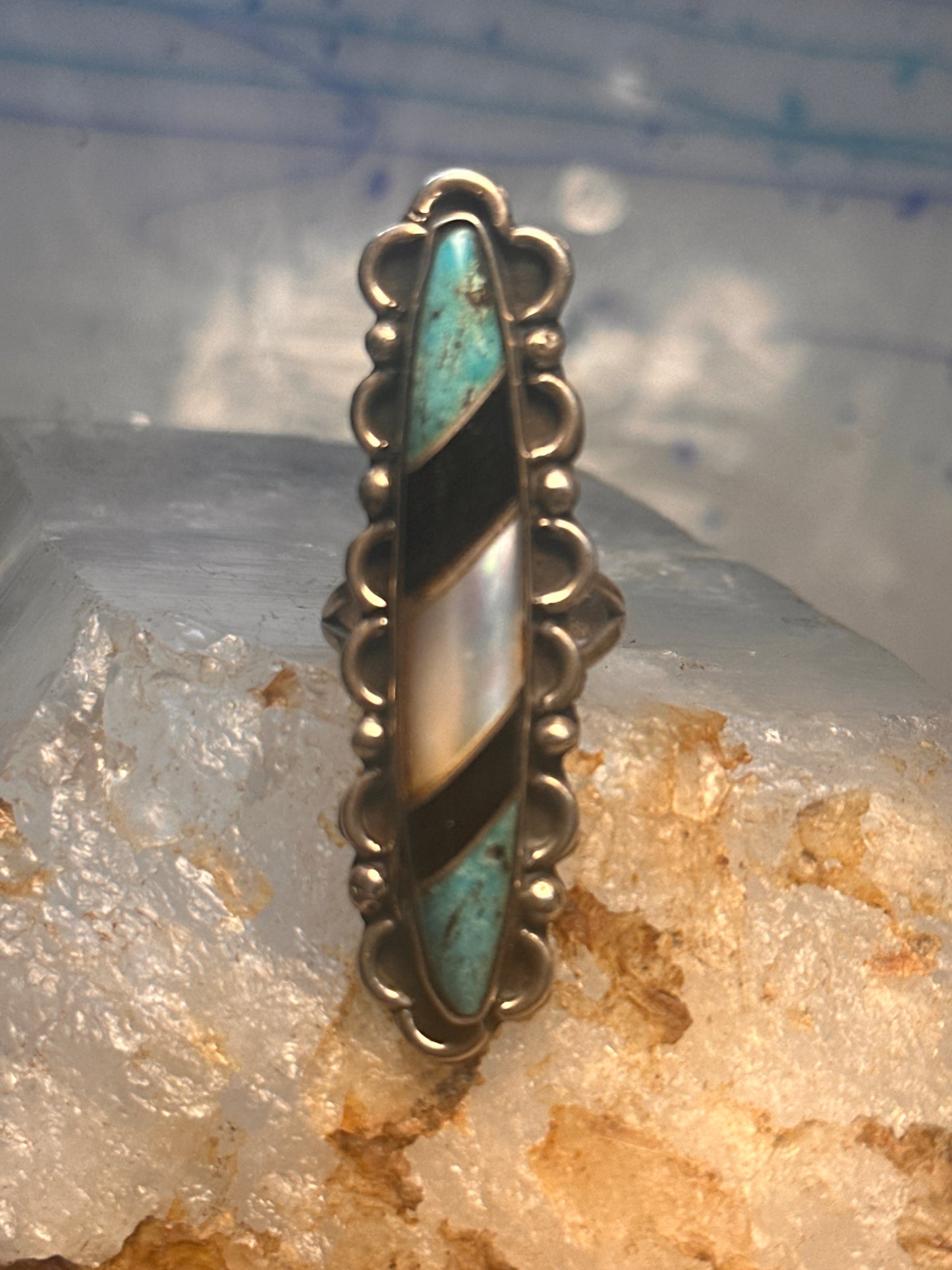 Navajo long ring turquoise onyx mop size 5.75 scalloped sterling silver women
