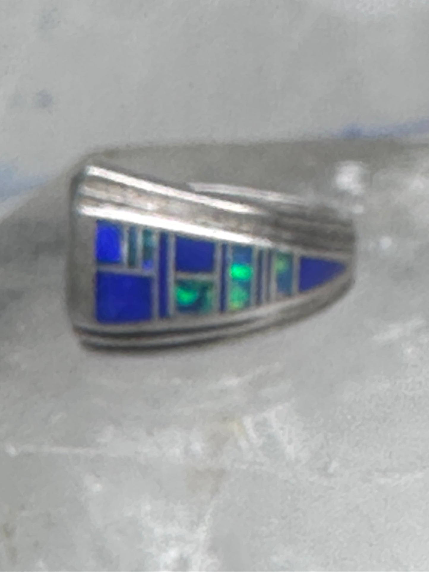 Blue Lapis inlaid ring lab opal band size 6 sterling silver southwestern women