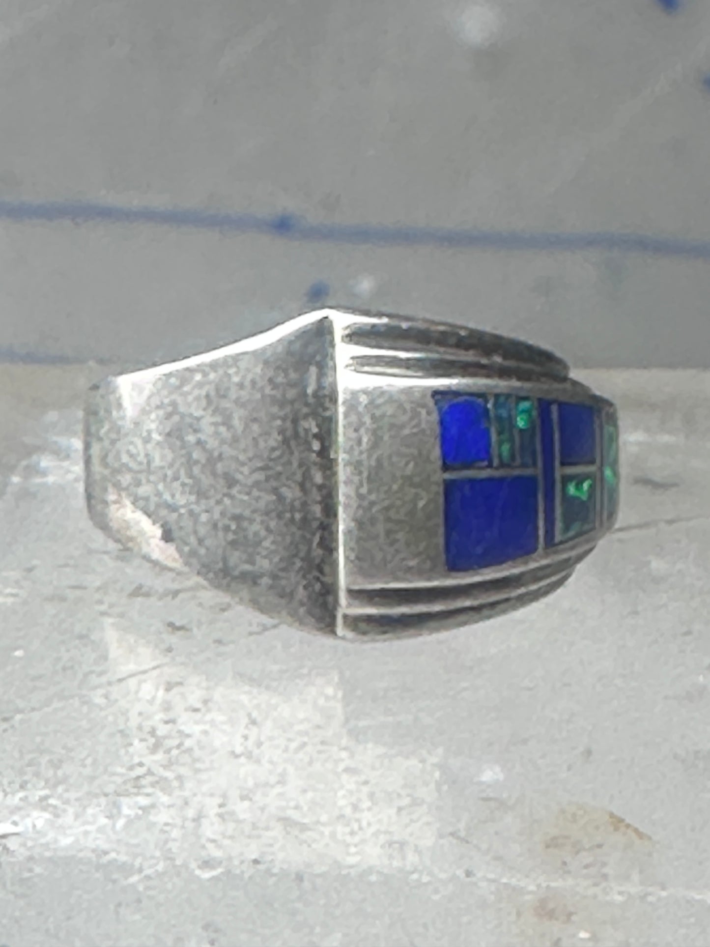 Blue Lapis inlaid ring lab opal band size 6 sterling silver southwestern women