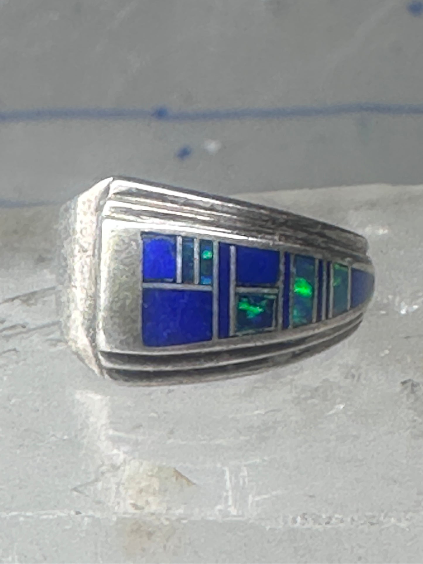 Blue Lapis inlaid ring lab opal band size 6 sterling silver southwestern women