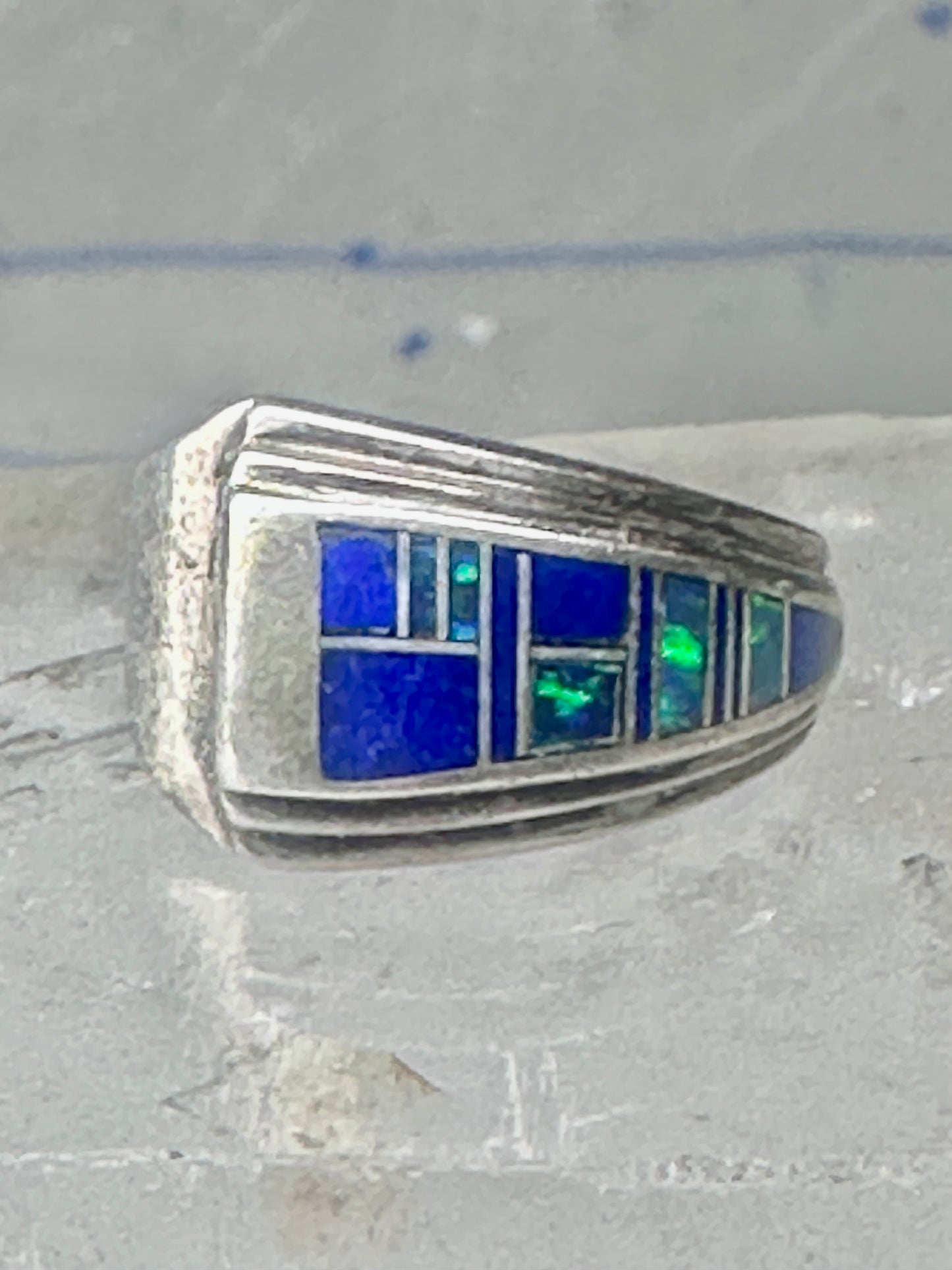 Blue Lapis inlaid ring lab opal band size 6 sterling silver southwestern women