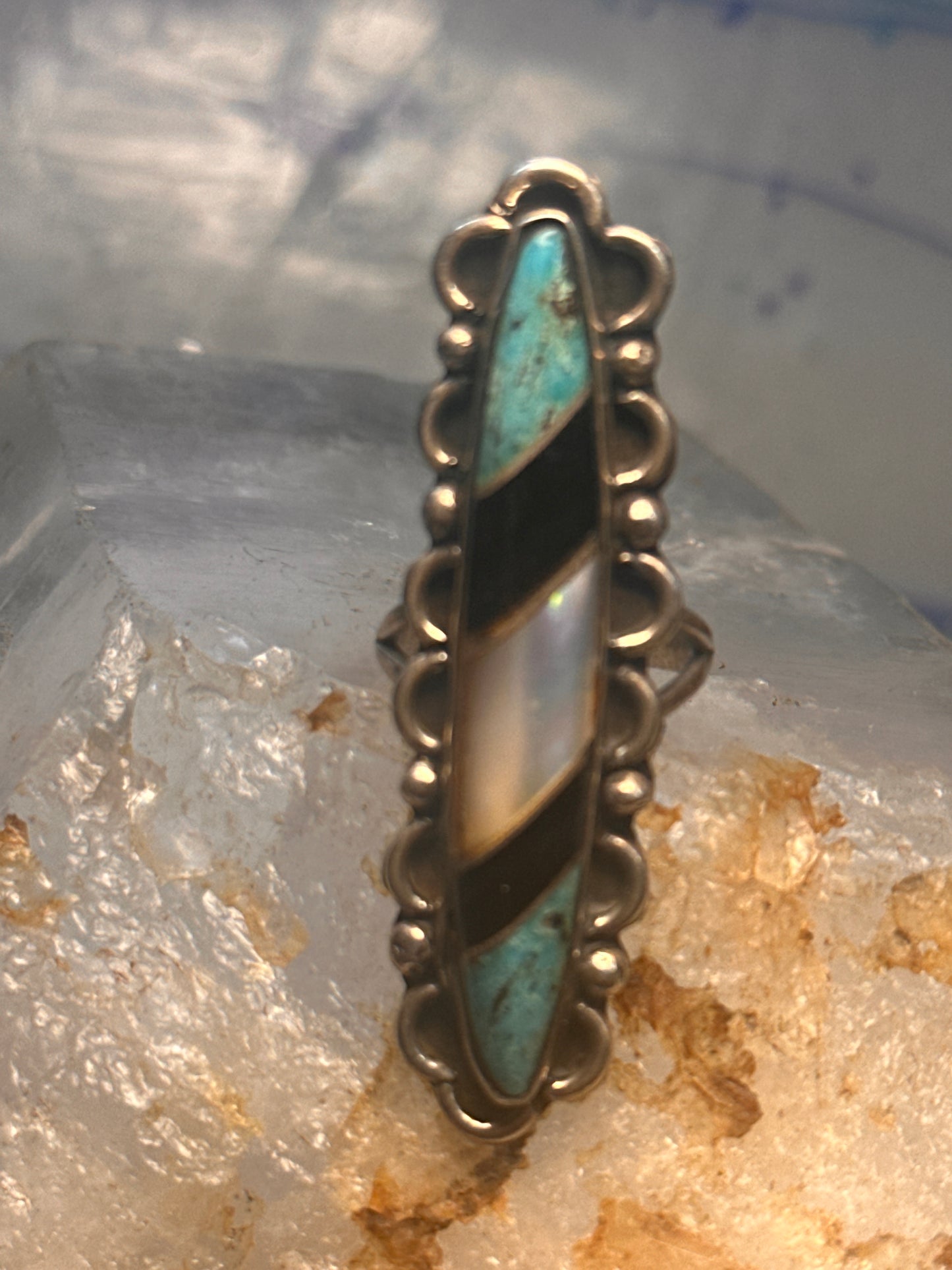 Navajo long ring turquoise onyx mop size 5.75 scalloped sterling silver women