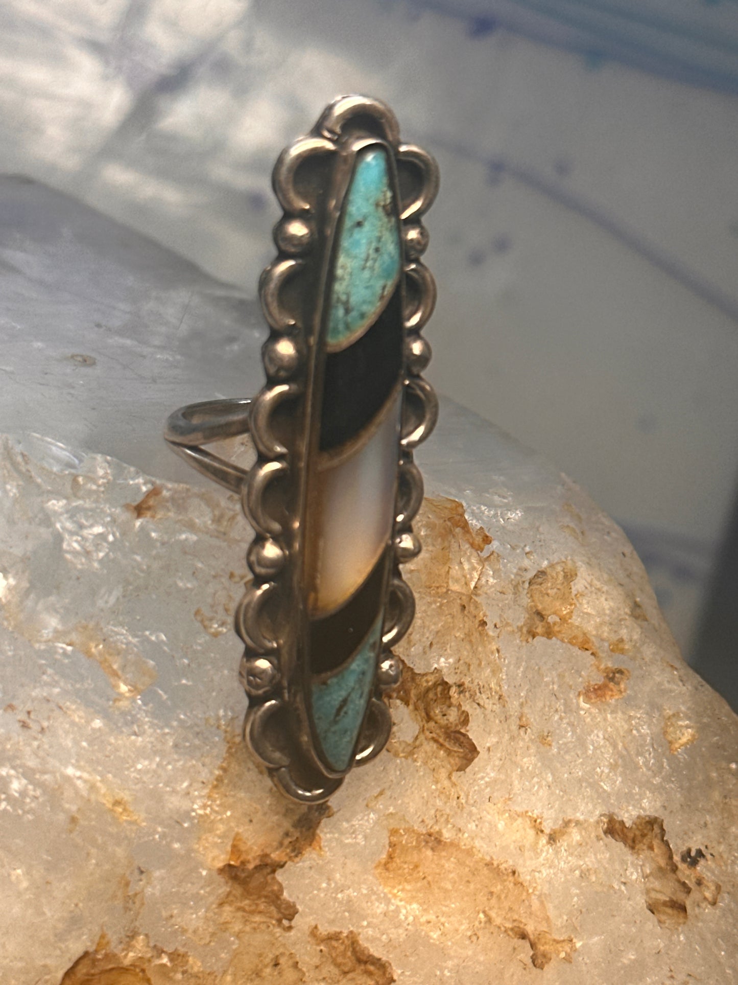 Navajo long ring turquoise onyx mop size 5.75 scalloped sterling silver women