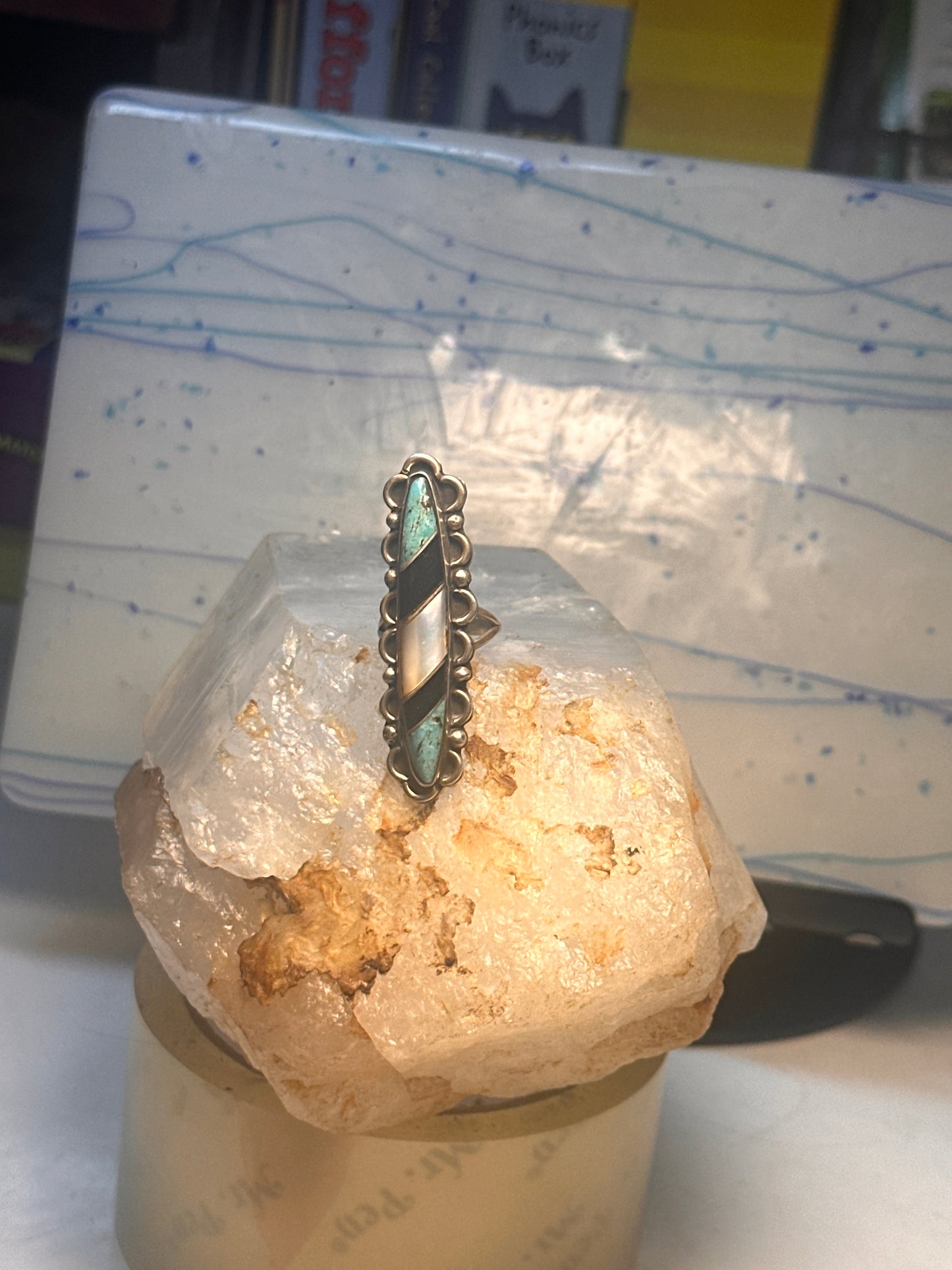 Navajo long ring turquoise onyx mop size 5.75 scalloped sterling silver women