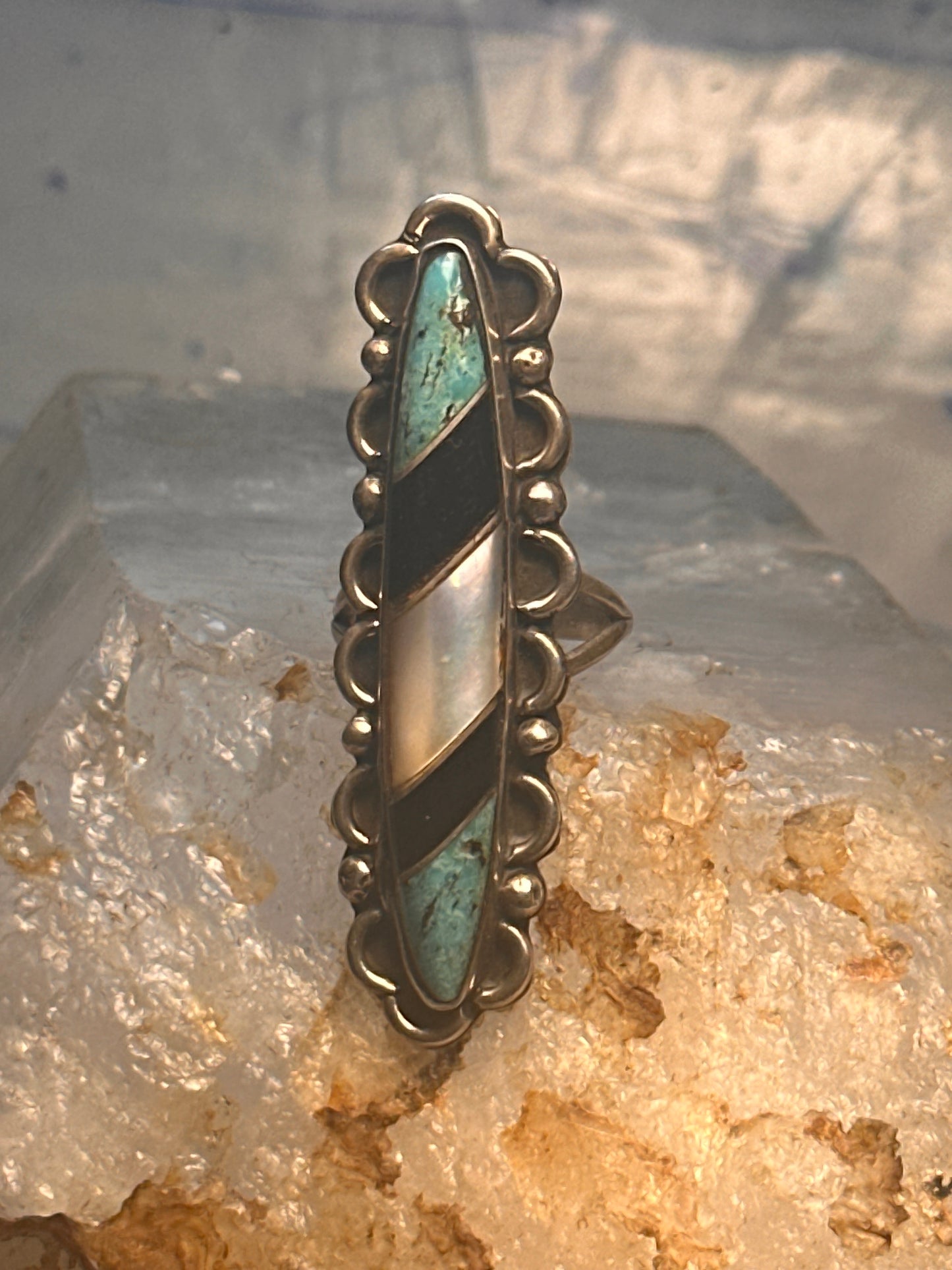 Navajo long ring turquoise onyx mop size 5.75 scalloped sterling silver women