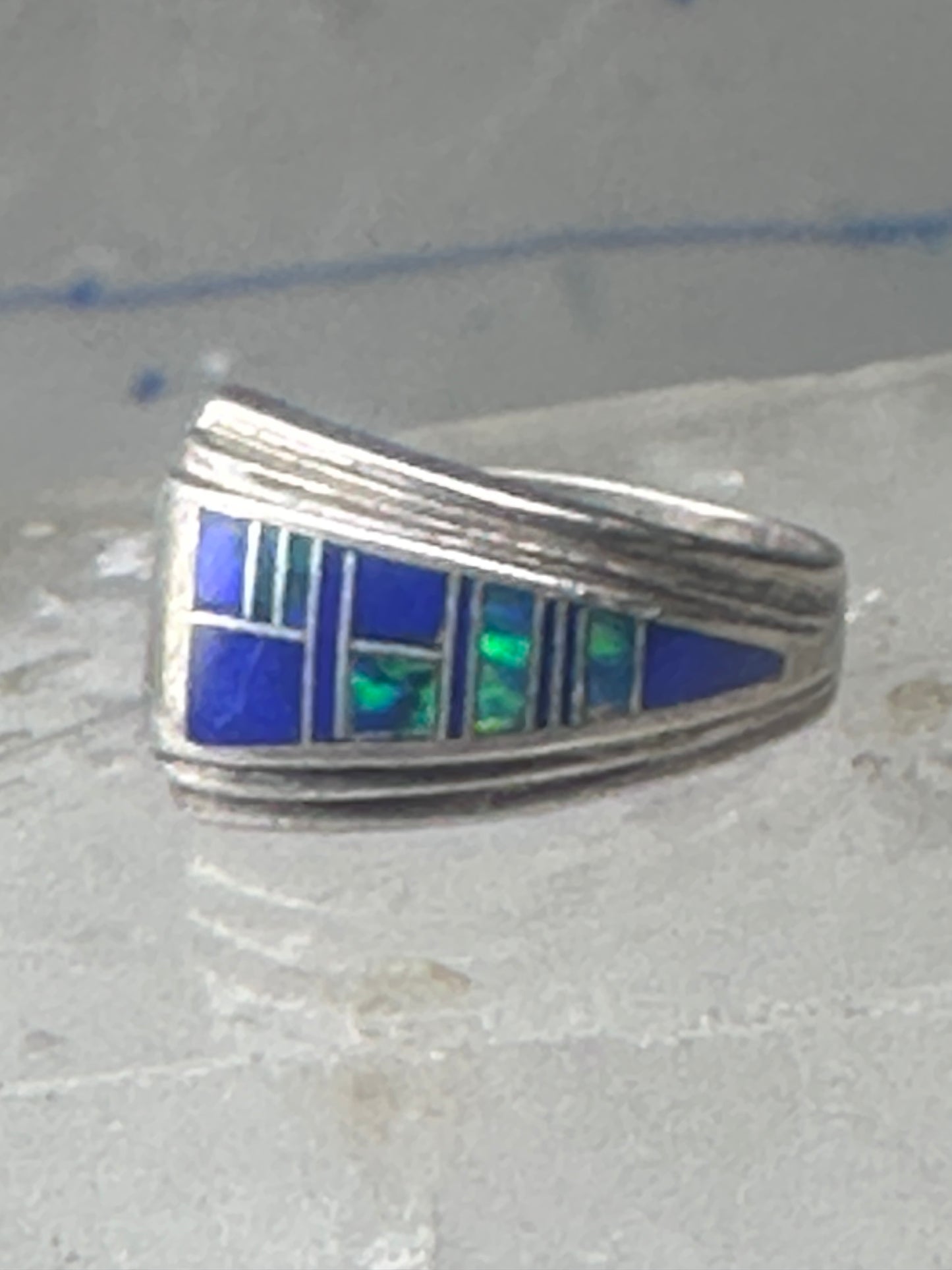 Blue Lapis inlaid ring lab opal band size 6 sterling silver southwestern women