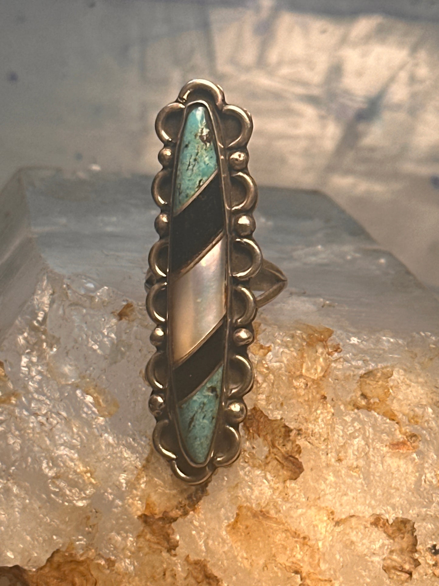 Navajo long ring turquoise onyx mop size 5.75 scalloped sterling silver women