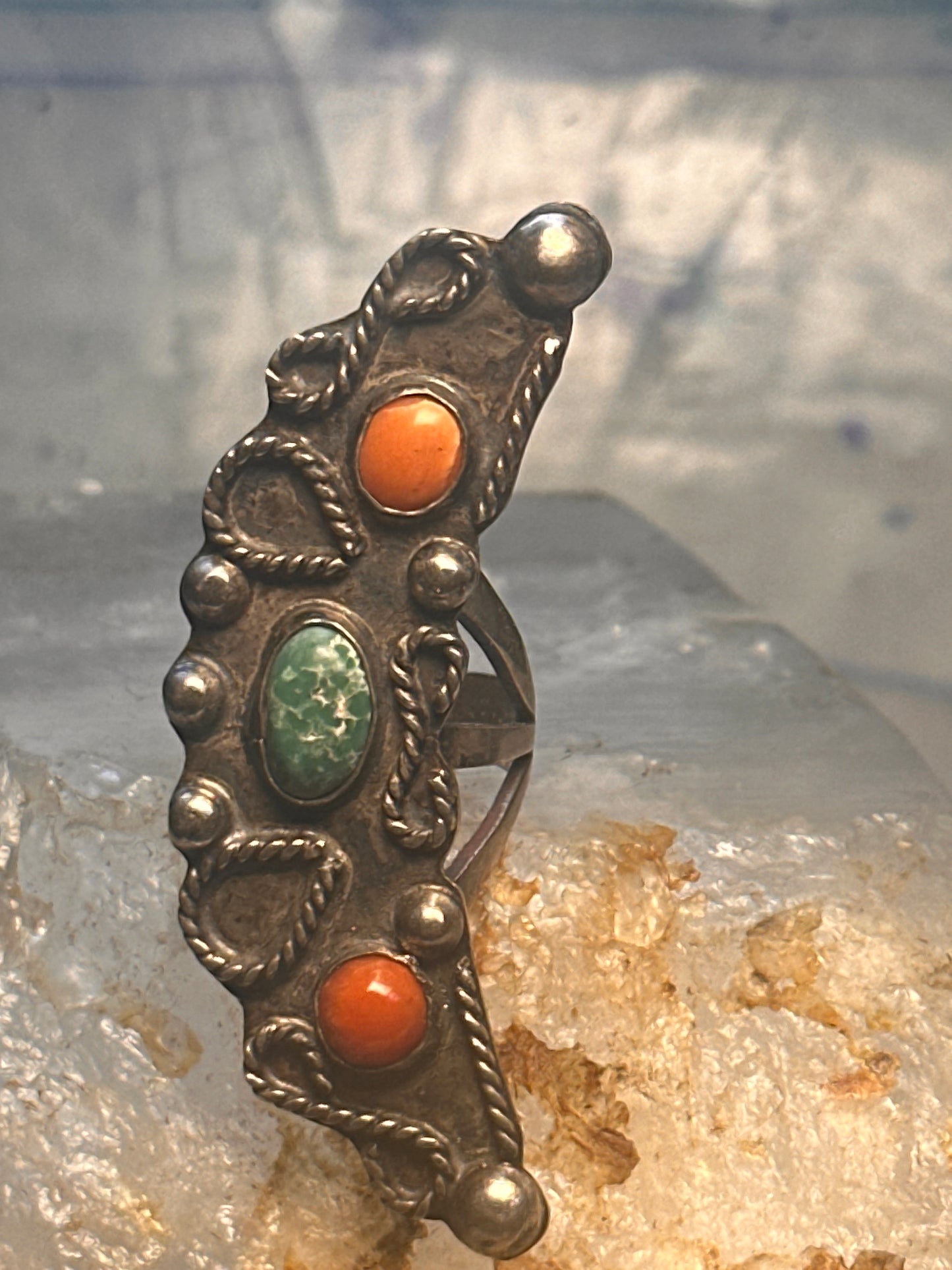 Navajo long Celestial Crescent moon ring turquoise coral size 7 sterling silver women