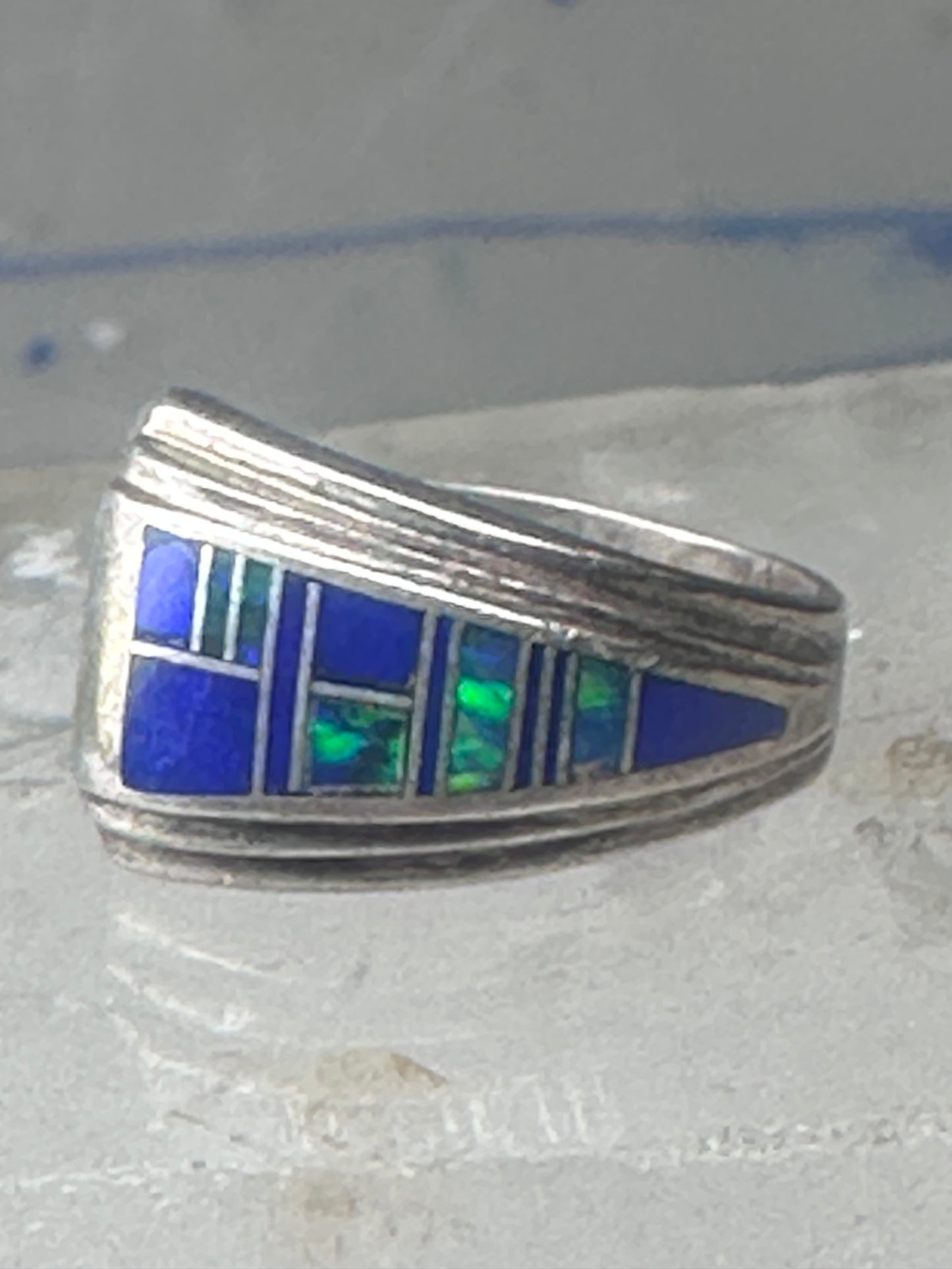 Blue Lapis inlaid ring lab opal band size 6 sterling silver southwestern women