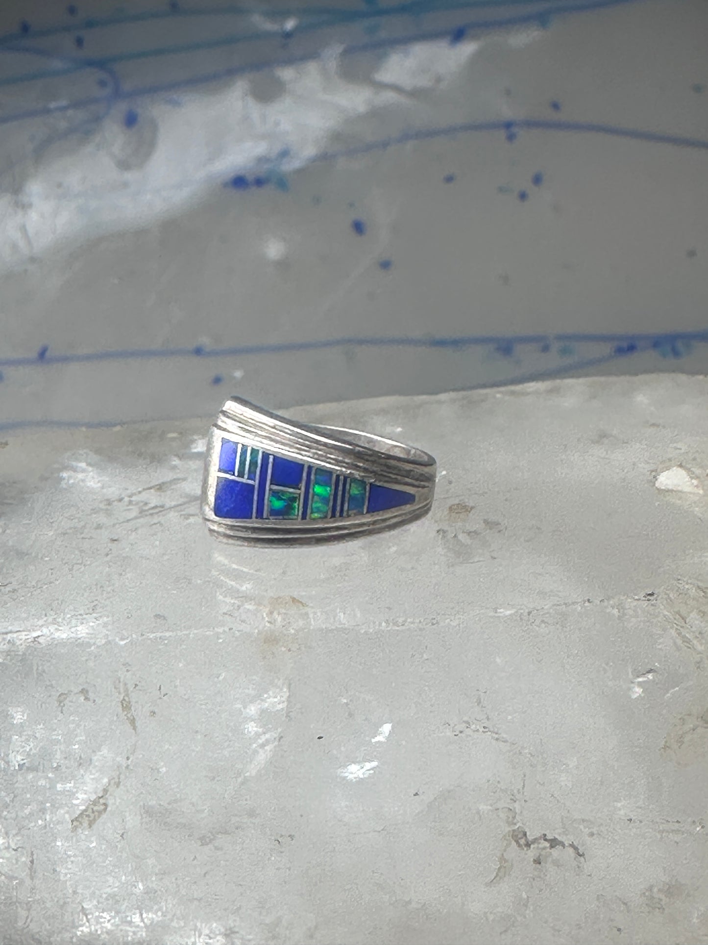 Blue Lapis inlaid ring lab opal band size 6 sterling silver southwestern women