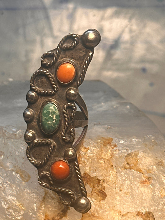 Vintage Navajo Sterling Silver Long Crescent Moon Turquoise & Coral Ring - Size 7