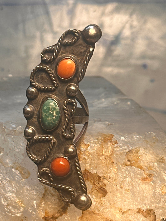 Vintage Navajo Sterling Silver Long Crescent Moon Turquoise & Coral Ring - Size 7