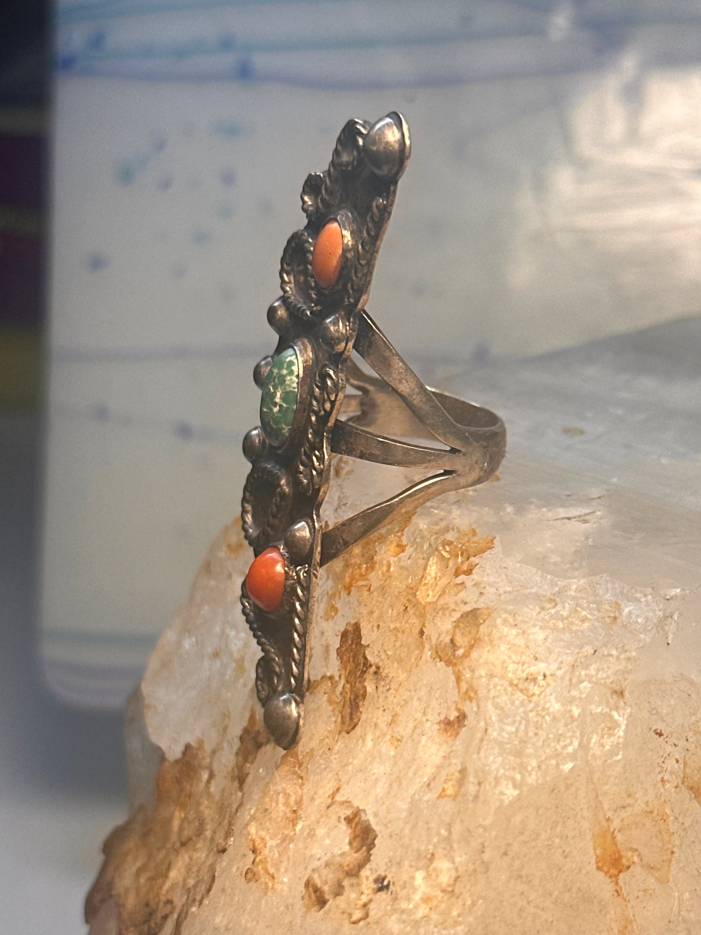 Navajo long Celestial Crescent moon ring turquoise coral size 7 sterling silver women