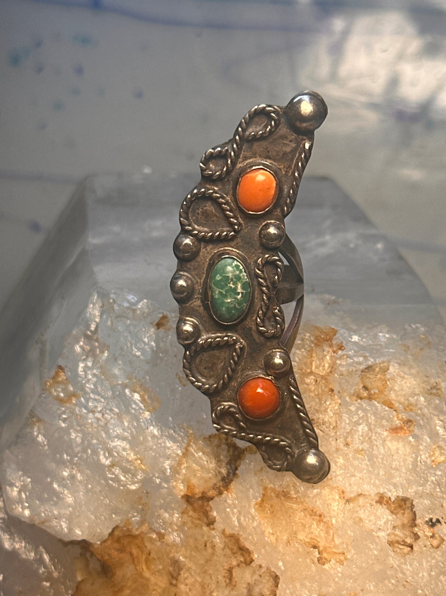 Navajo long Celestial Crescent moon ring turquoise coral size 7 sterling silver women