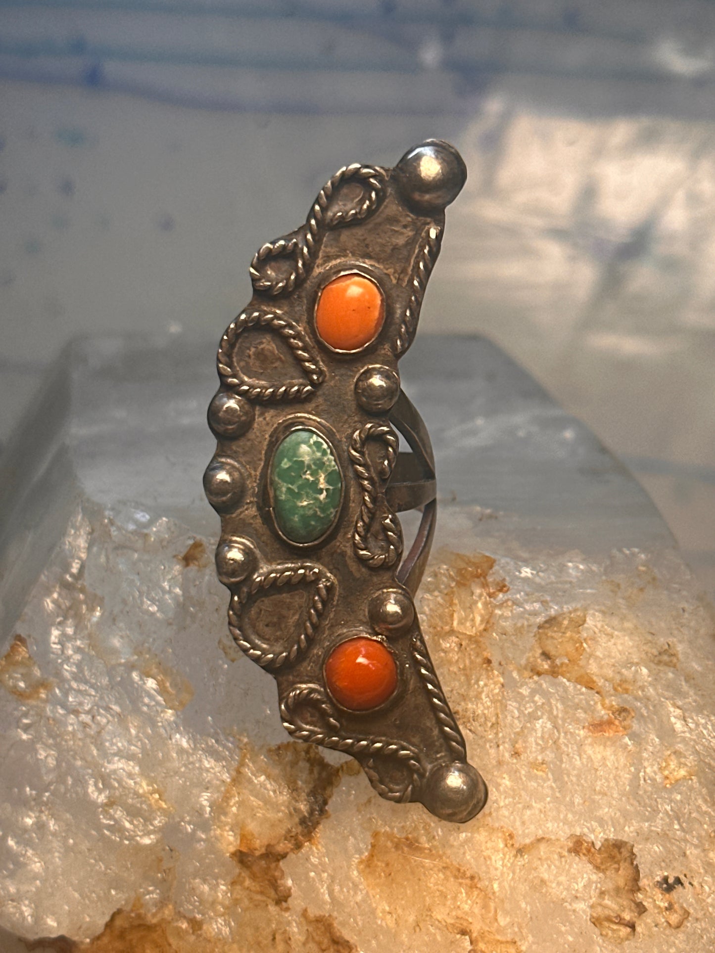 Navajo long Celestial Crescent moon ring turquoise coral size 7 sterling silver women