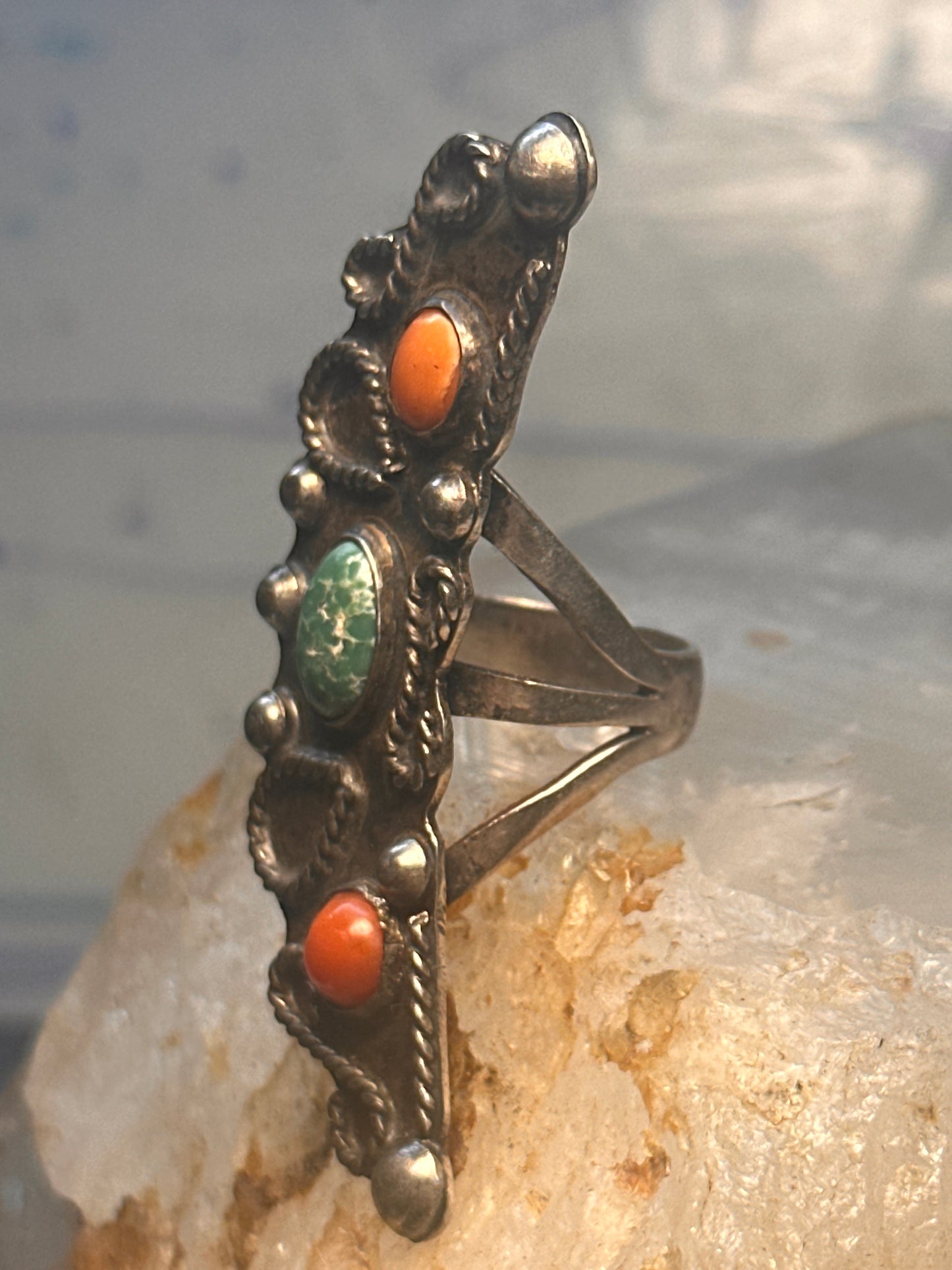 Navajo long Celestial Crescent moon ring turquoise coral size 7 sterling silver women