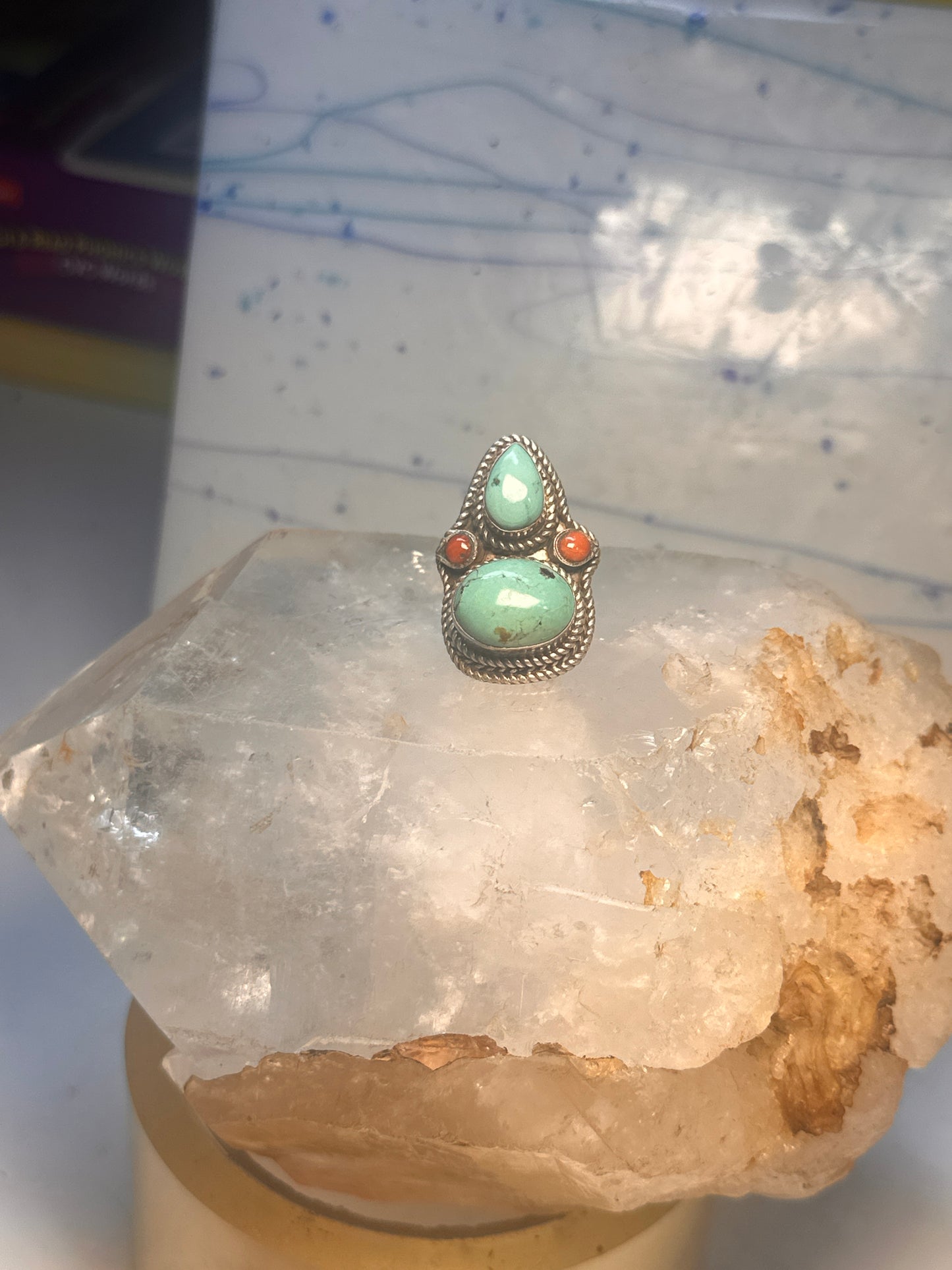 Turquoise Boho long coral size 7 sterling silver women