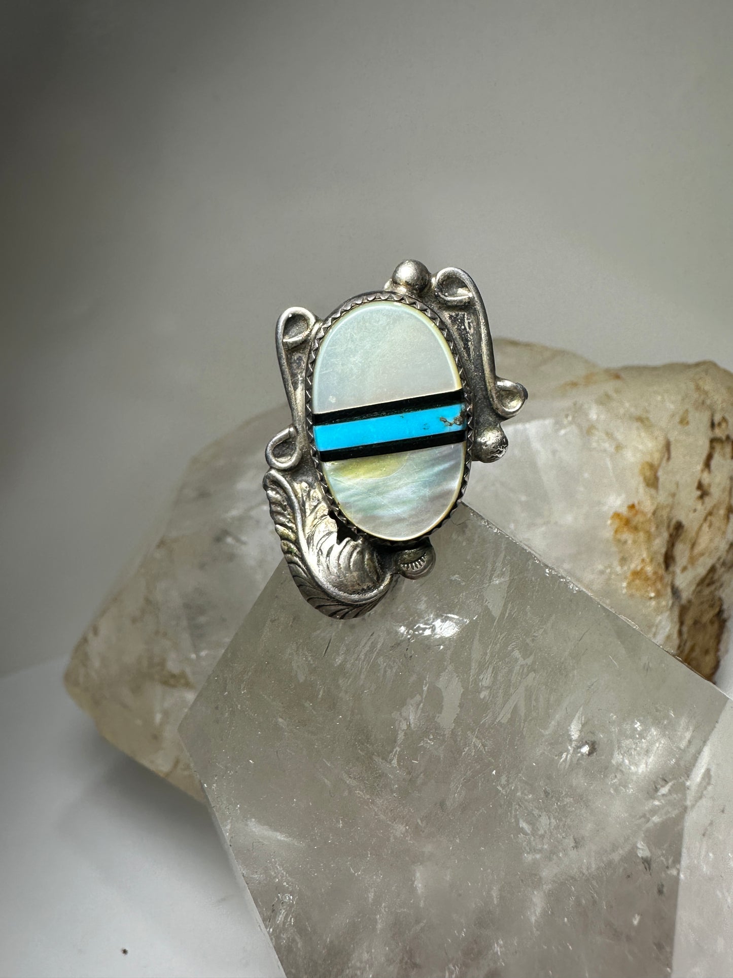 Long Navajo ring turquoise MOP leaf feather  size 6.25 sterling silver women