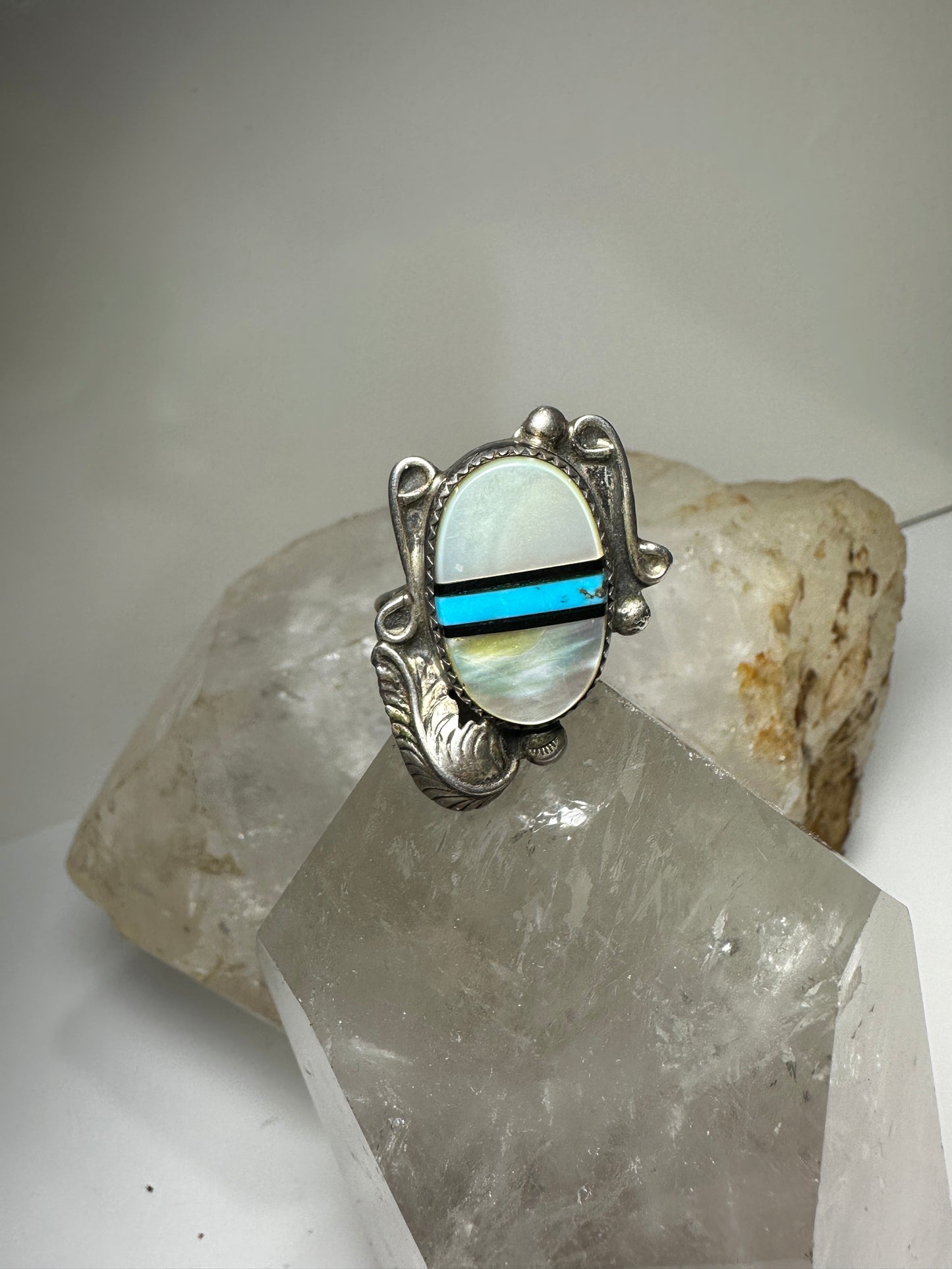 Long Navajo ring turquoise MOP leaf feather  size 6.25 sterling silver women