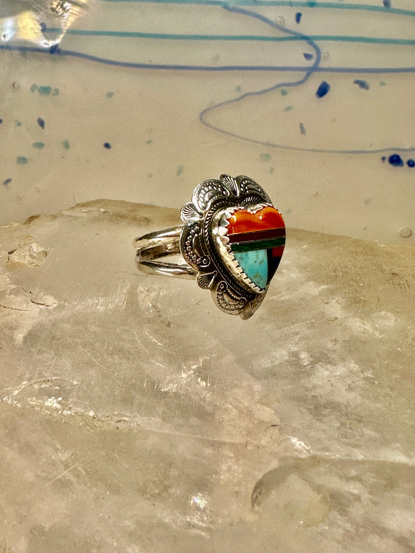 Heart ring Turquoise Coral southwest size 5.50 sterling silver girls women