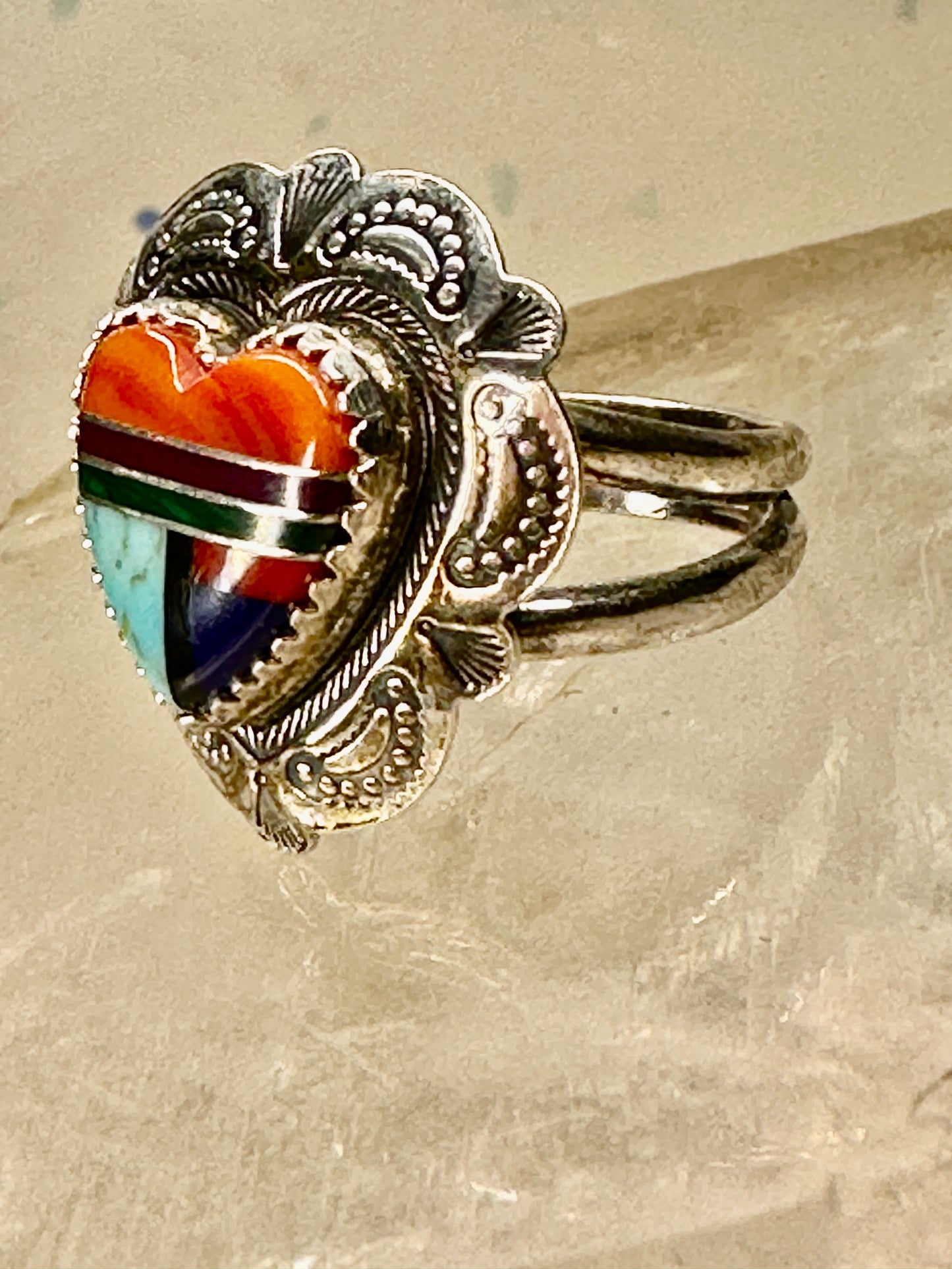 Heart ring Turquoise Coral southwest size 5.50 sterling silver girls women
