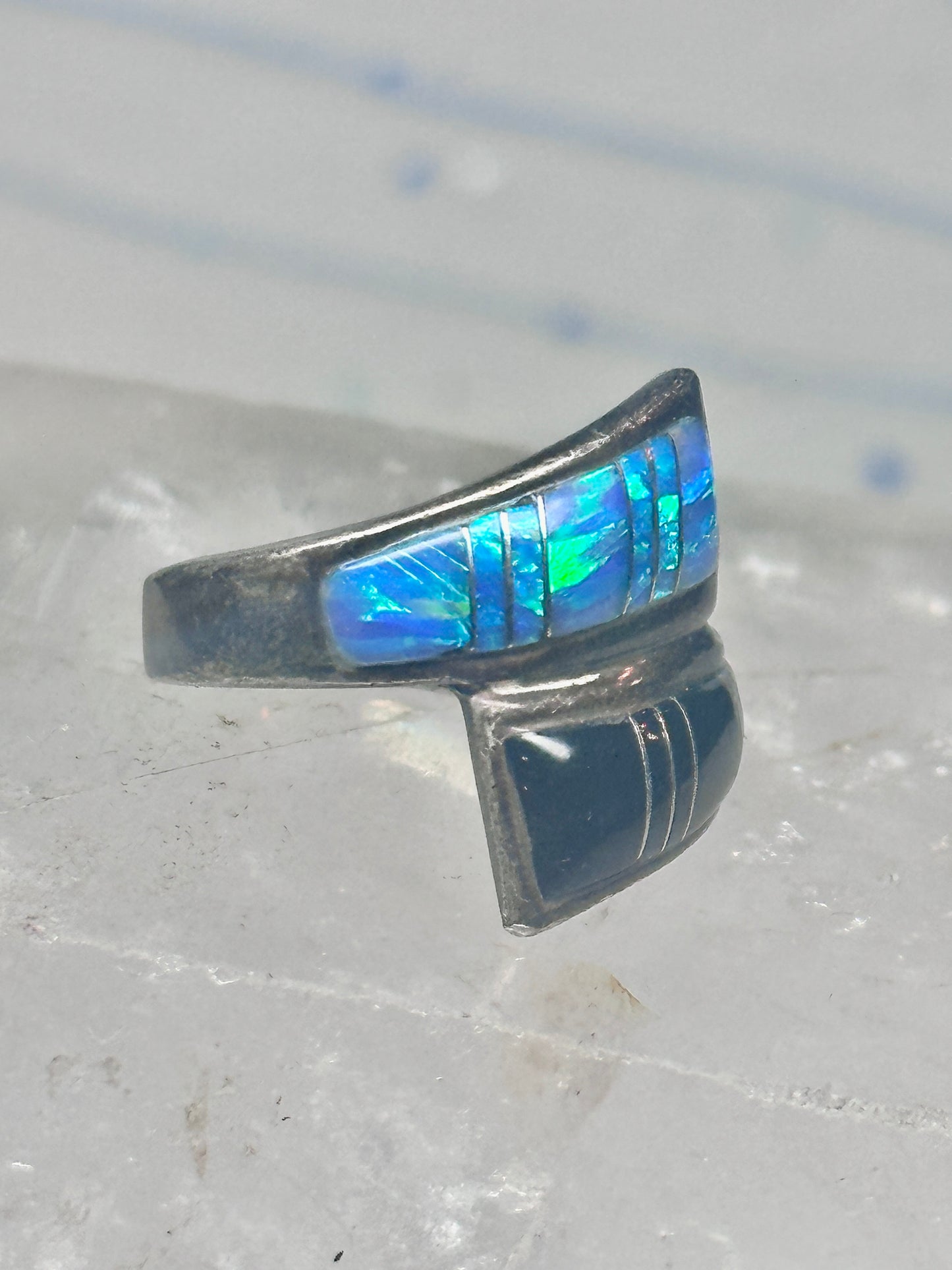 Onyx inlaid ring lab opal bypass band size 7.75 blue lapis lab opal band sterling silver southwestern women