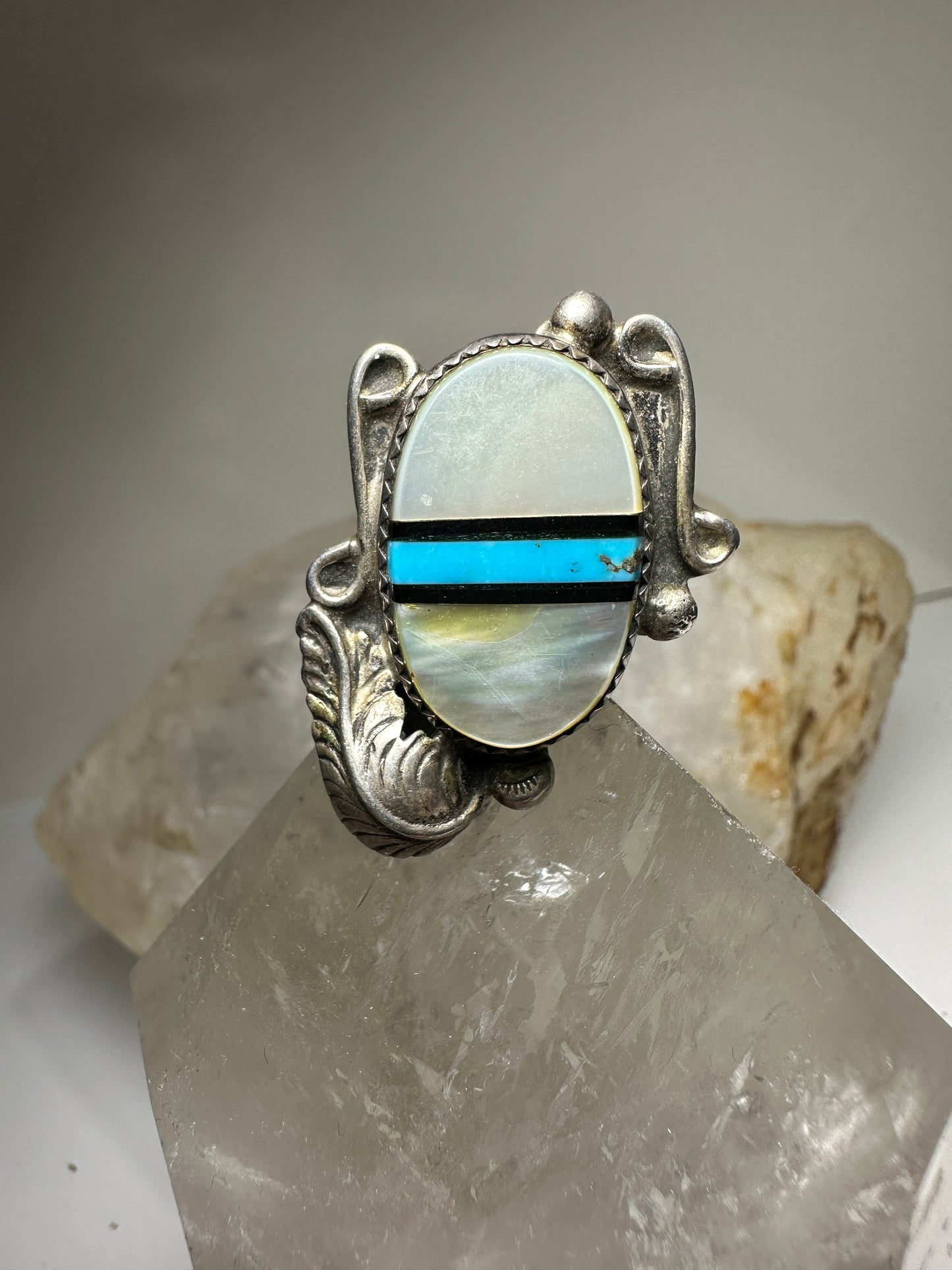 Long Navajo ring turquoise MOP leaf feather  size 6.25 sterling silver women