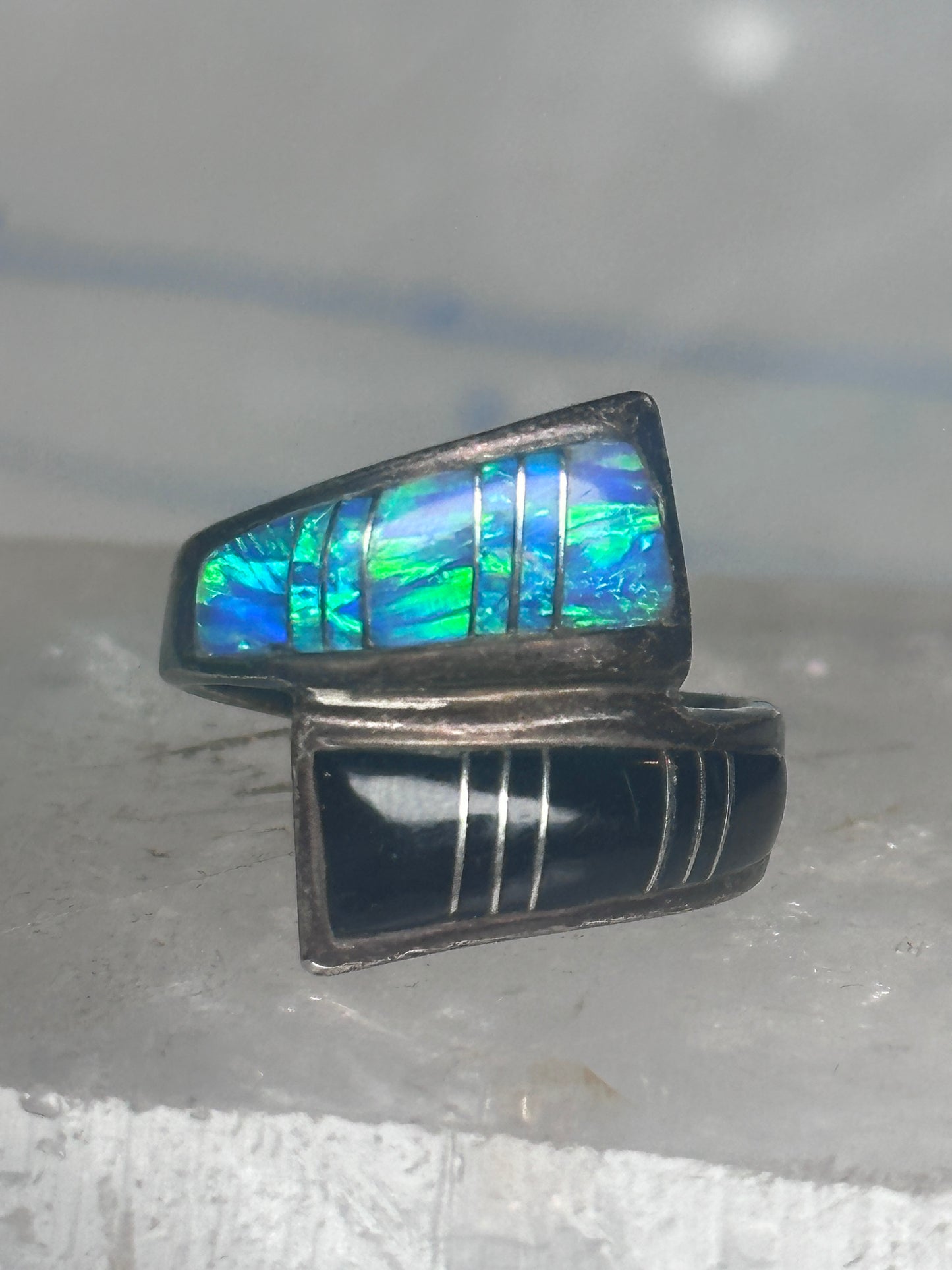 Onyx inlaid ring lab opal bypass band size 7.75 blue lapis lab opal band sterling silver southwestern women