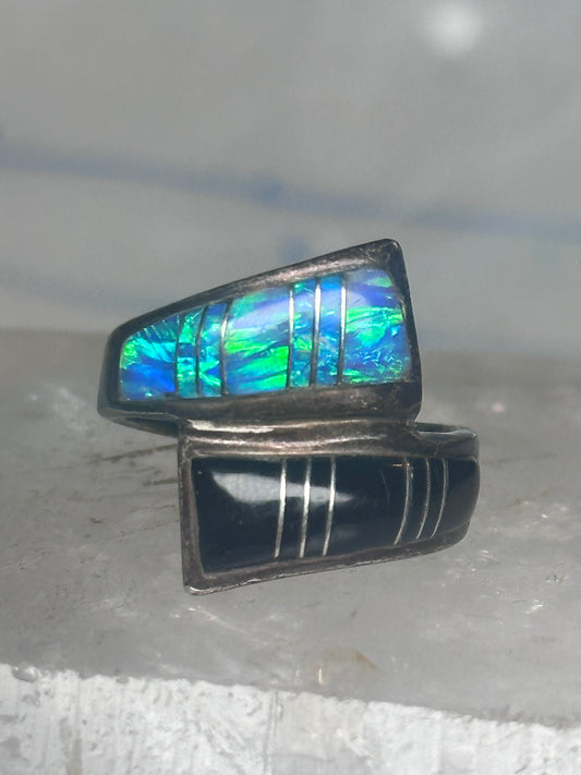 Vintage Signed RN Navajo Zuni Style Opal Onyx Inlay Bypass Ring Sterling Silver - Size 7.75