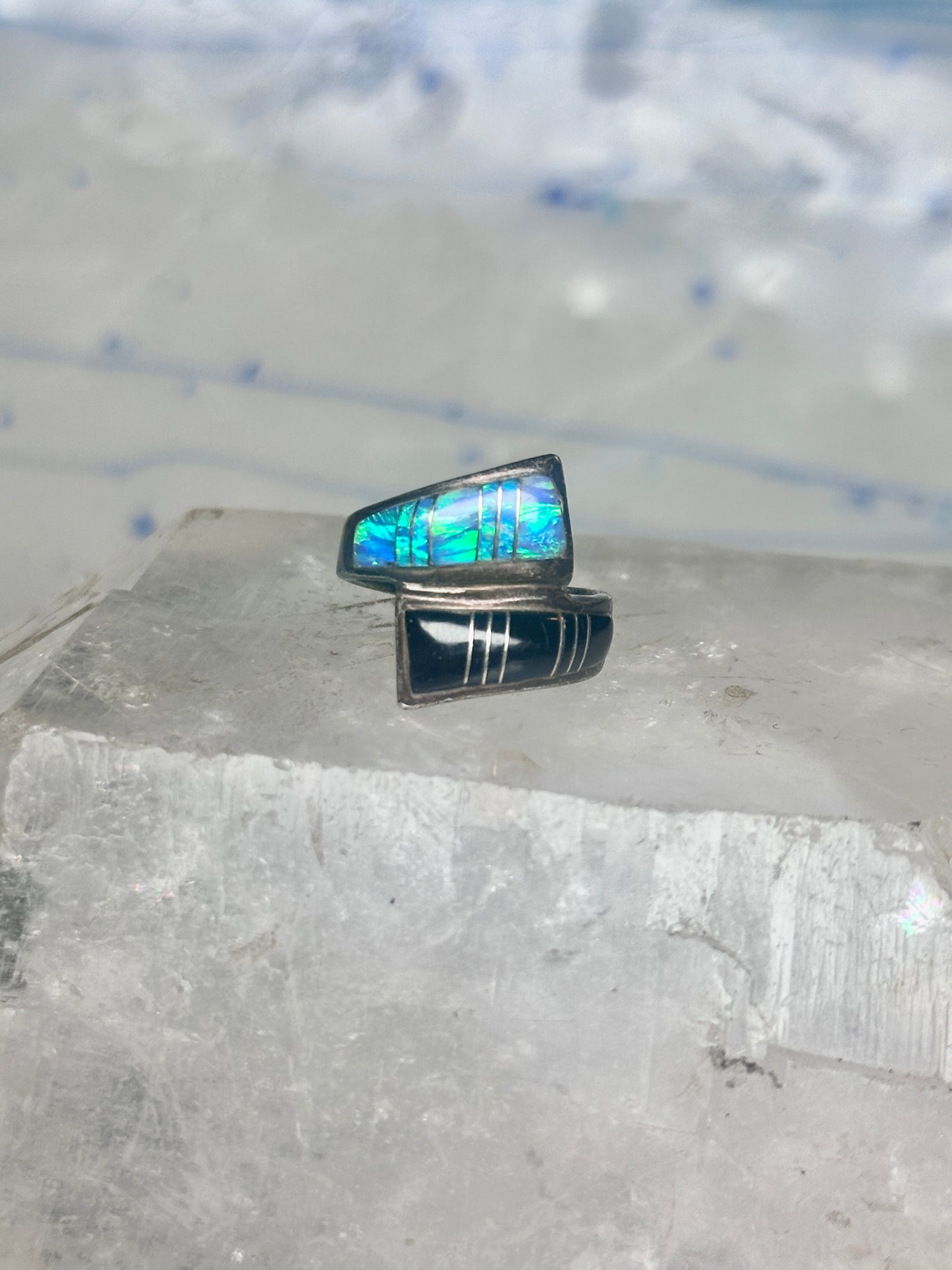 Onyx inlaid ring lab opal bypass band size 7.75 blue lapis lab opal band sterling silver southwestern women
