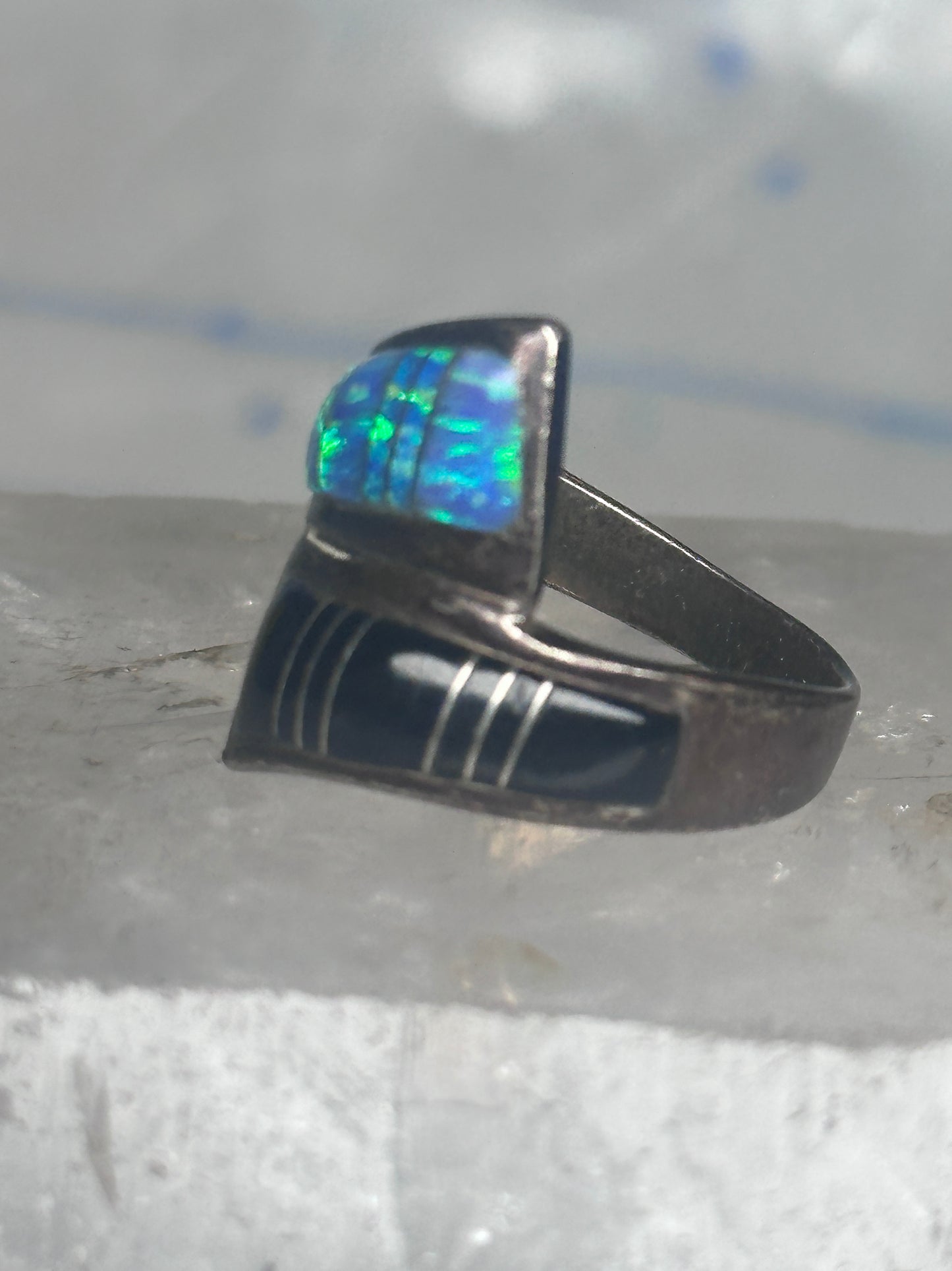 Onyx inlaid ring lab opal bypass band size 7.75 blue lapis lab opal band sterling silver southwestern women
