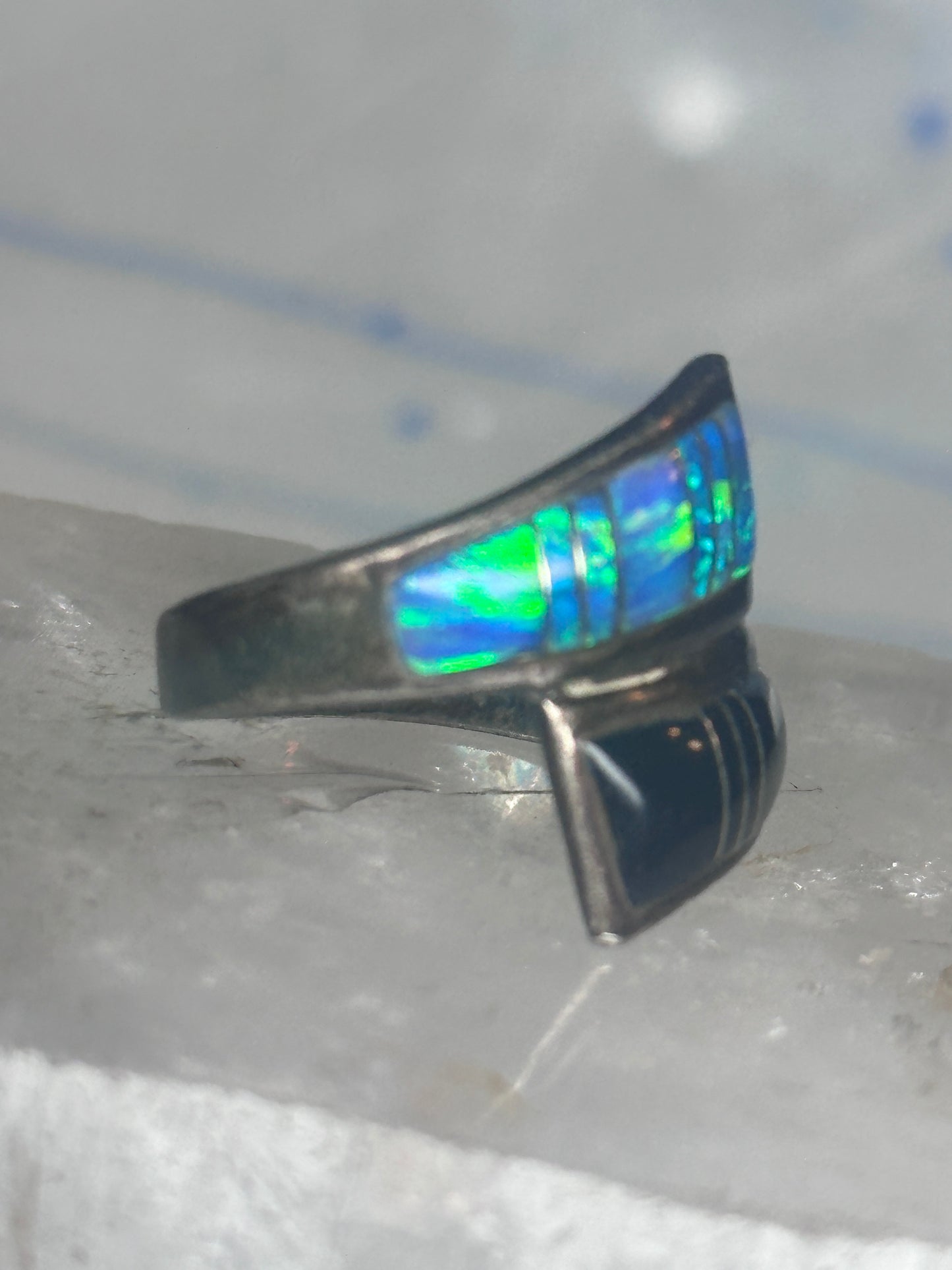 Onyx inlaid ring lab opal bypass band size 7.75 blue lapis lab opal band sterling silver southwestern women