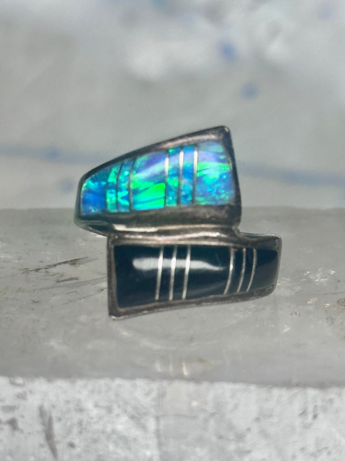 Onyx inlaid ring lab opal bypass band size 7.75 blue lapis lab opal band sterling silver southwestern women