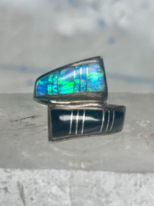 Vintage Signed RN Navajo Zuni Style Opal Onyx Inlay Bypass Ring Sterling Silver - Size 7.75