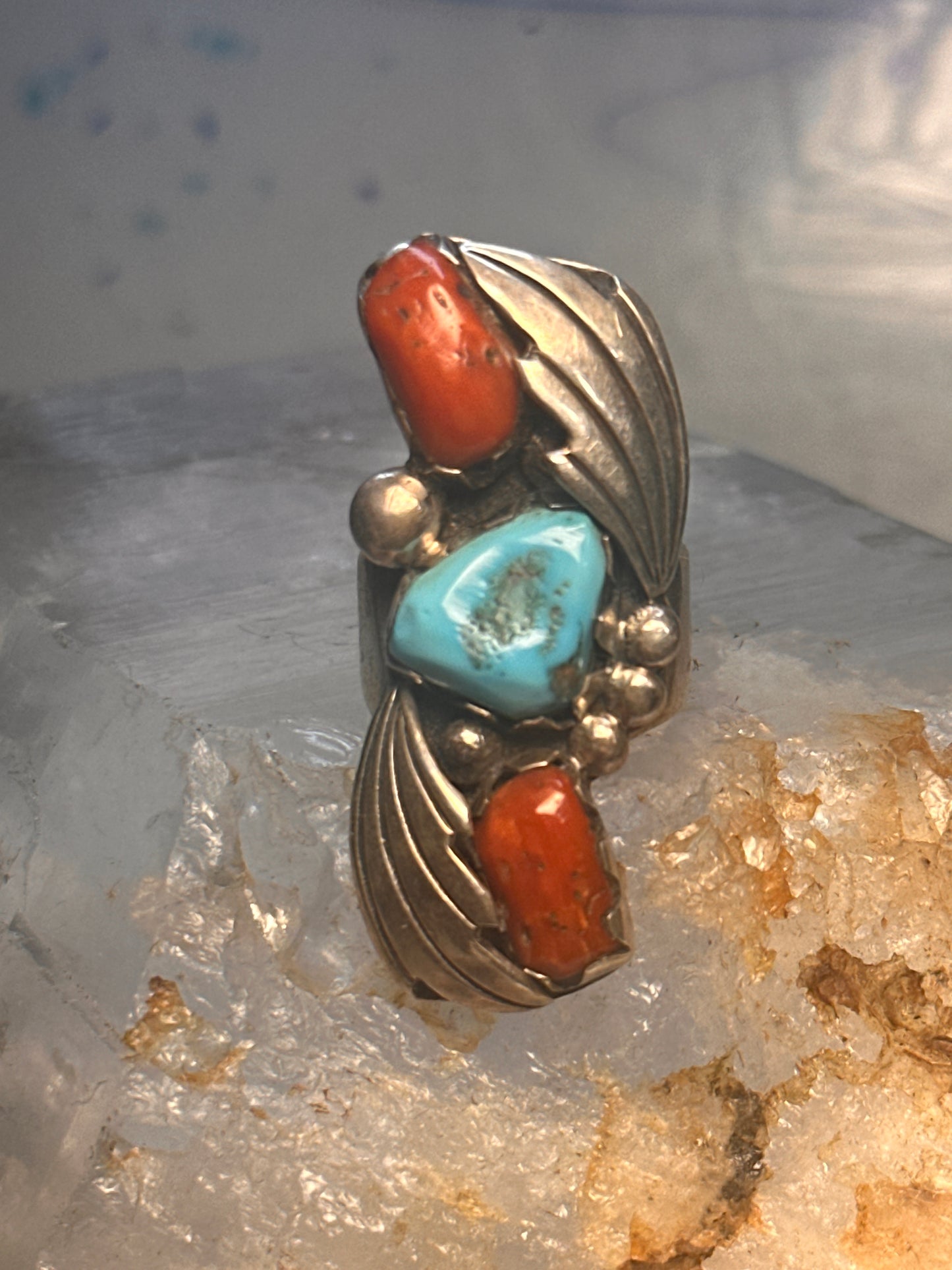 Navajo long ring Turquoise Coral size 5.5 sterling silver women girls