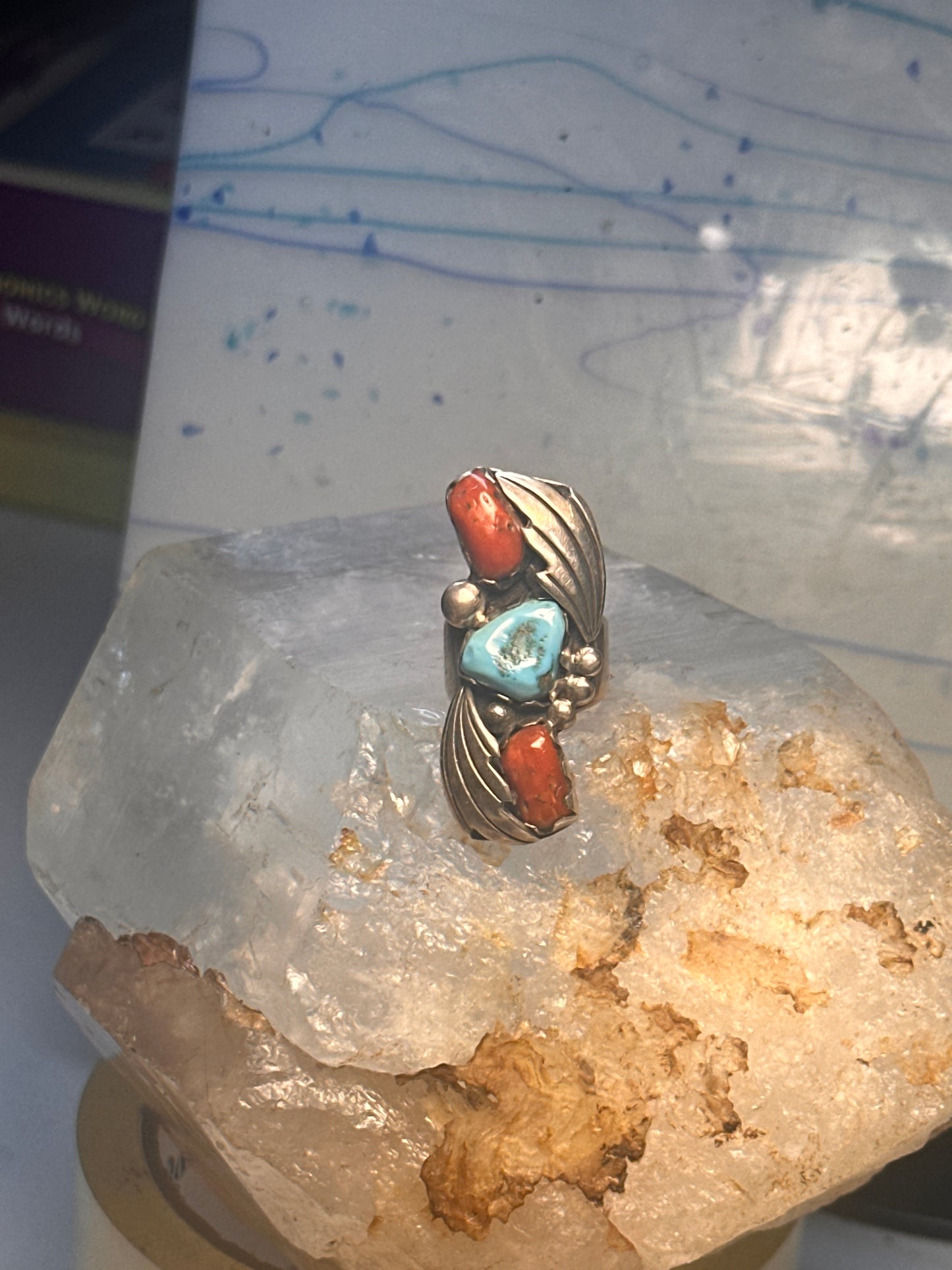 Navajo long ring Turquoise Coral size 5.5 sterling silver women girls