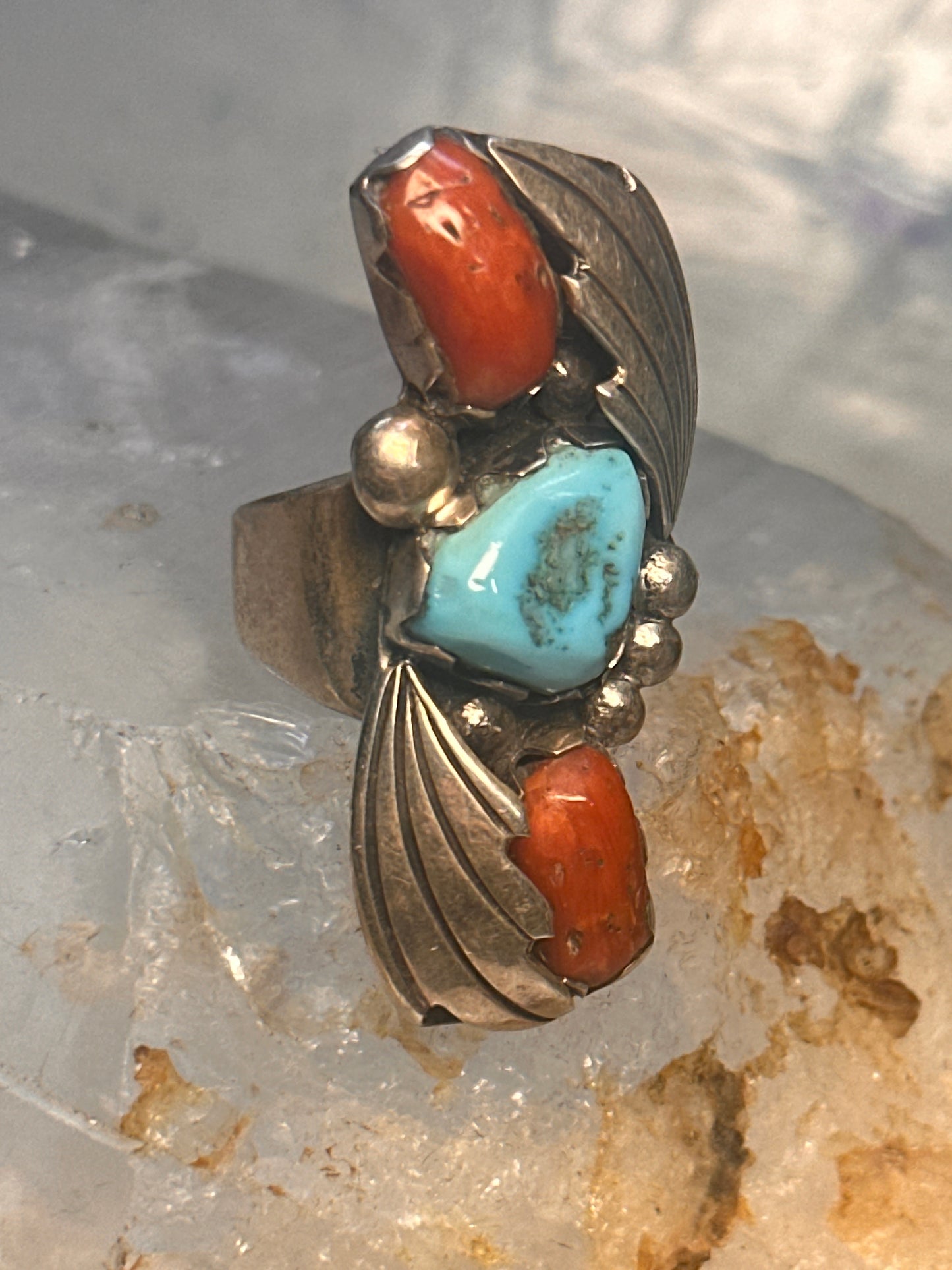 Navajo long ring Turquoise Coral size 5.5 sterling silver women girls