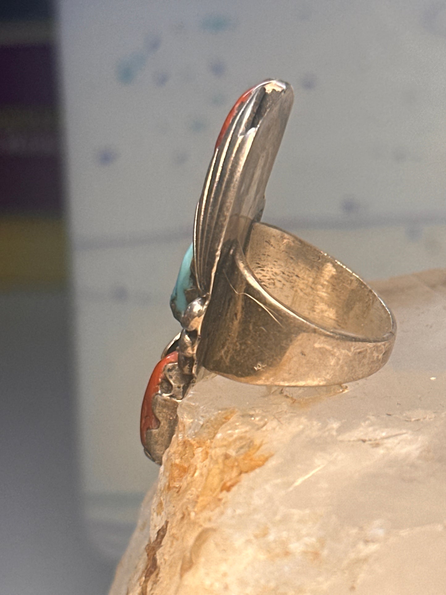 Navajo long ring Turquoise Coral size 5.5 sterling silver women girls