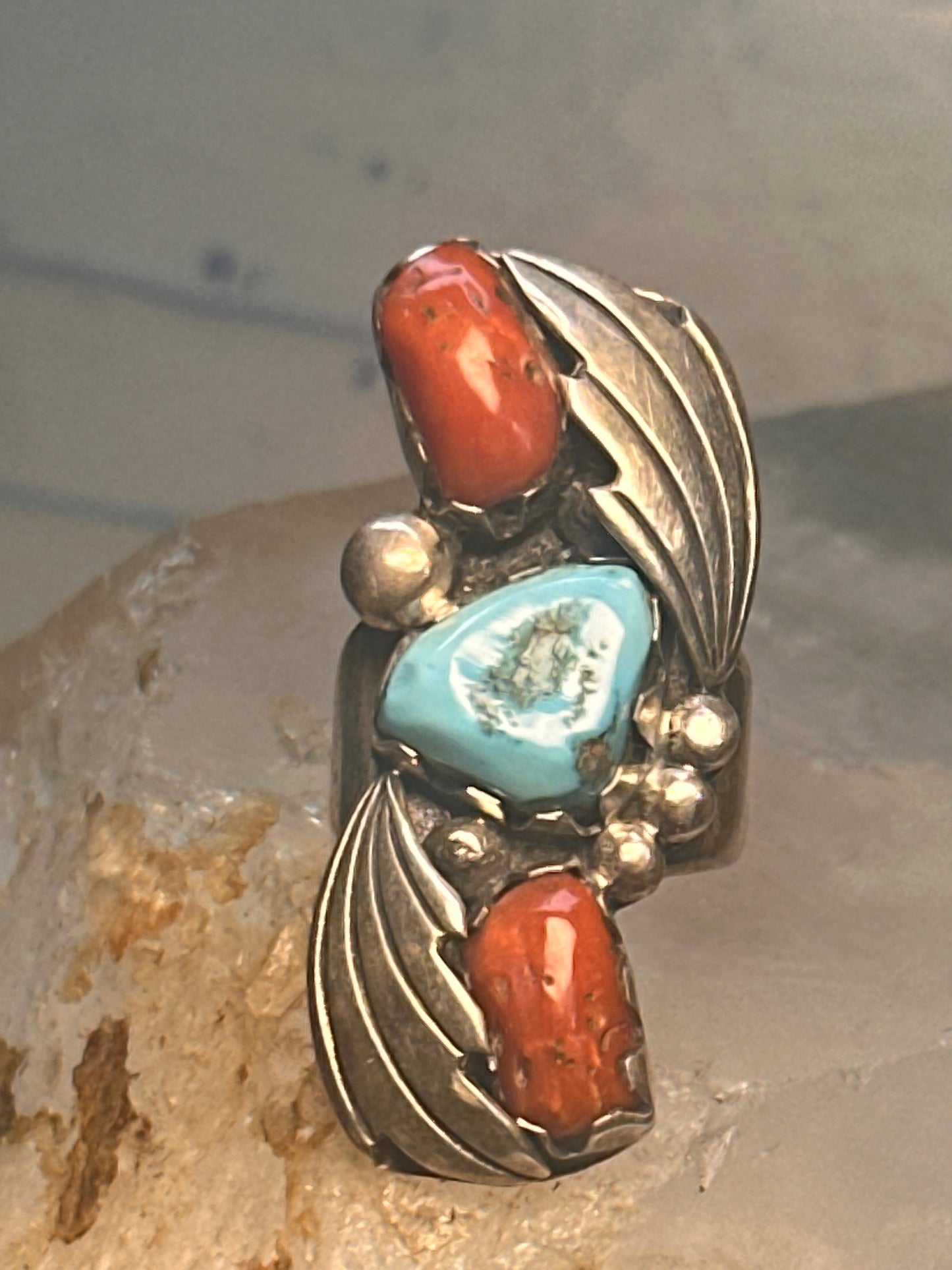 Navajo long ring Turquoise Coral size 5.5 sterling silver women girls