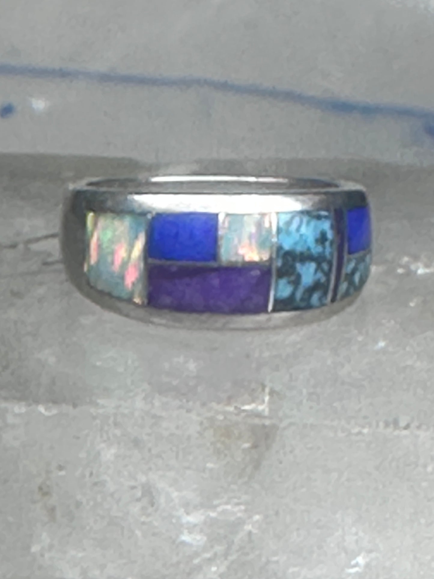 Turquoise inlaid ring size_6.7 blue lapis lab opal band sterling silver southwestern women men
